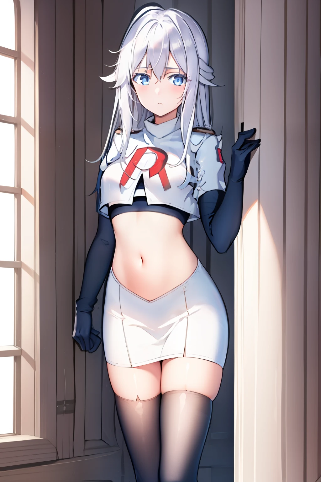 (masterpiece, best quality:1.2), 
1girl,Vladilena,lenaface, blue eyes, breasts, looking at viewer, white hair,medium breasts, antenna hair, hair between eyes,  looking at viewer, ahoge, expressionless, bangs, white hair,
team rocket,team rocket uniform, red letter R, white skirt,white crop top,black thigh-highs,black elbow gloves
