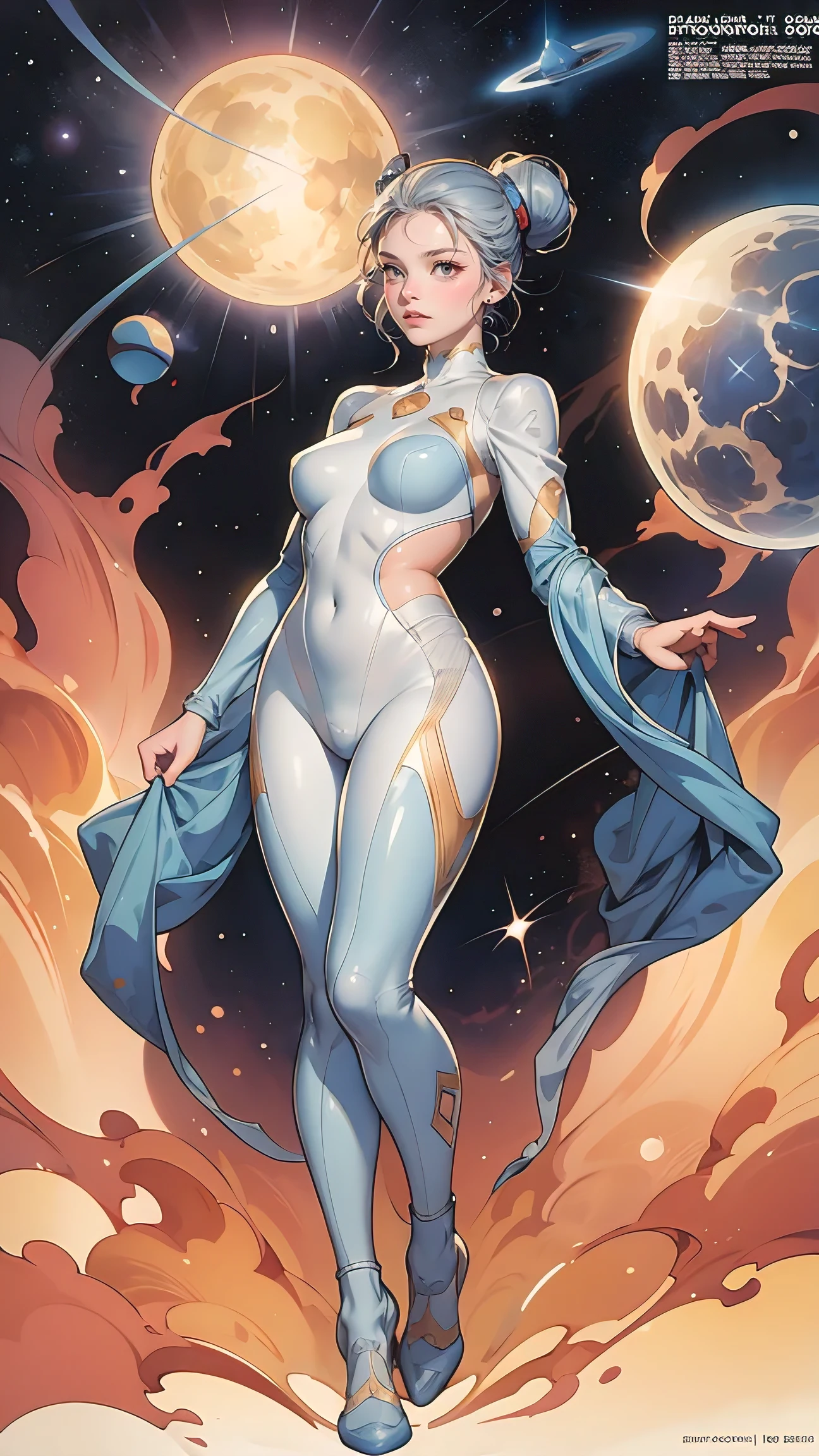 A bit overweight 22 year old beautiful space woman in the style of Boris Vallejo comic book cover, full body, wearing a silver space suit, hair tied back and within helmet, attractive