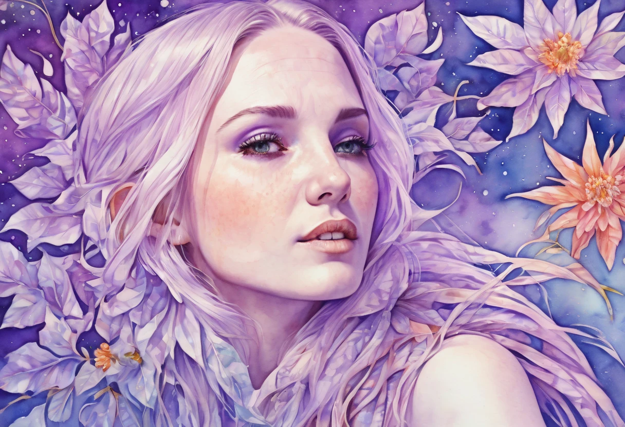 Marija. Watercolor Flowers , portraits, fantasy art, detailed features, vibrant colors, detailed features, long flowers, subtle magical lighting, three side view, 1 side potrait,2 side close, 3 side in the batlle, photo collage, soft purple, film grain, detailed pores and wrinkles on the skin film grain, detailed pores and wrinkles on the skin, detailed elf village in backfround, full of stars sky, zentangle