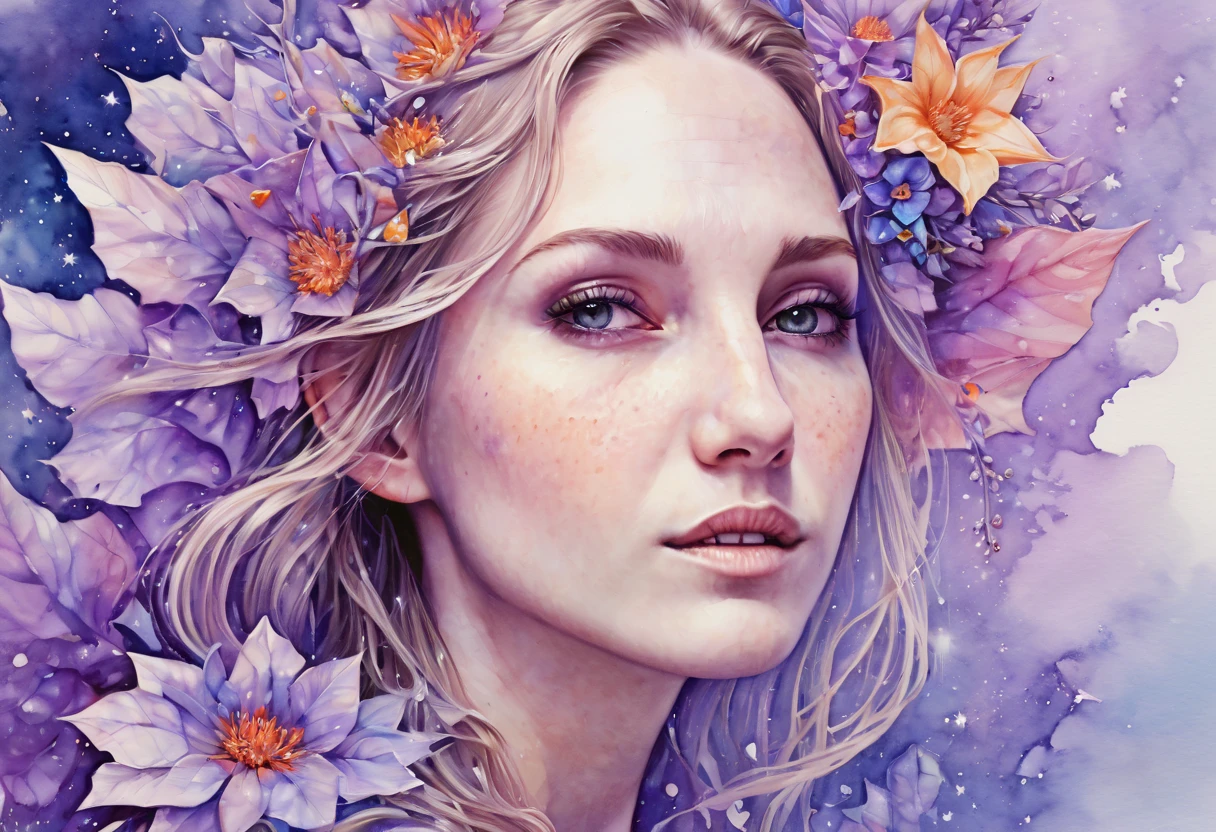 Marija. Watercolor Flowers , portraits, fantasy art, detailed features, vibrant colors, detailed features, long flowers, subtle magical lighting, three side view, 1 side potrait,2 side close, 3 side in the batlle, photo collage, soft purple, film grain, detailed pores and wrinkles on the skin film grain, detailed pores and wrinkles on the skin, detailed elf village in backfround, full of stars sky, zentangle