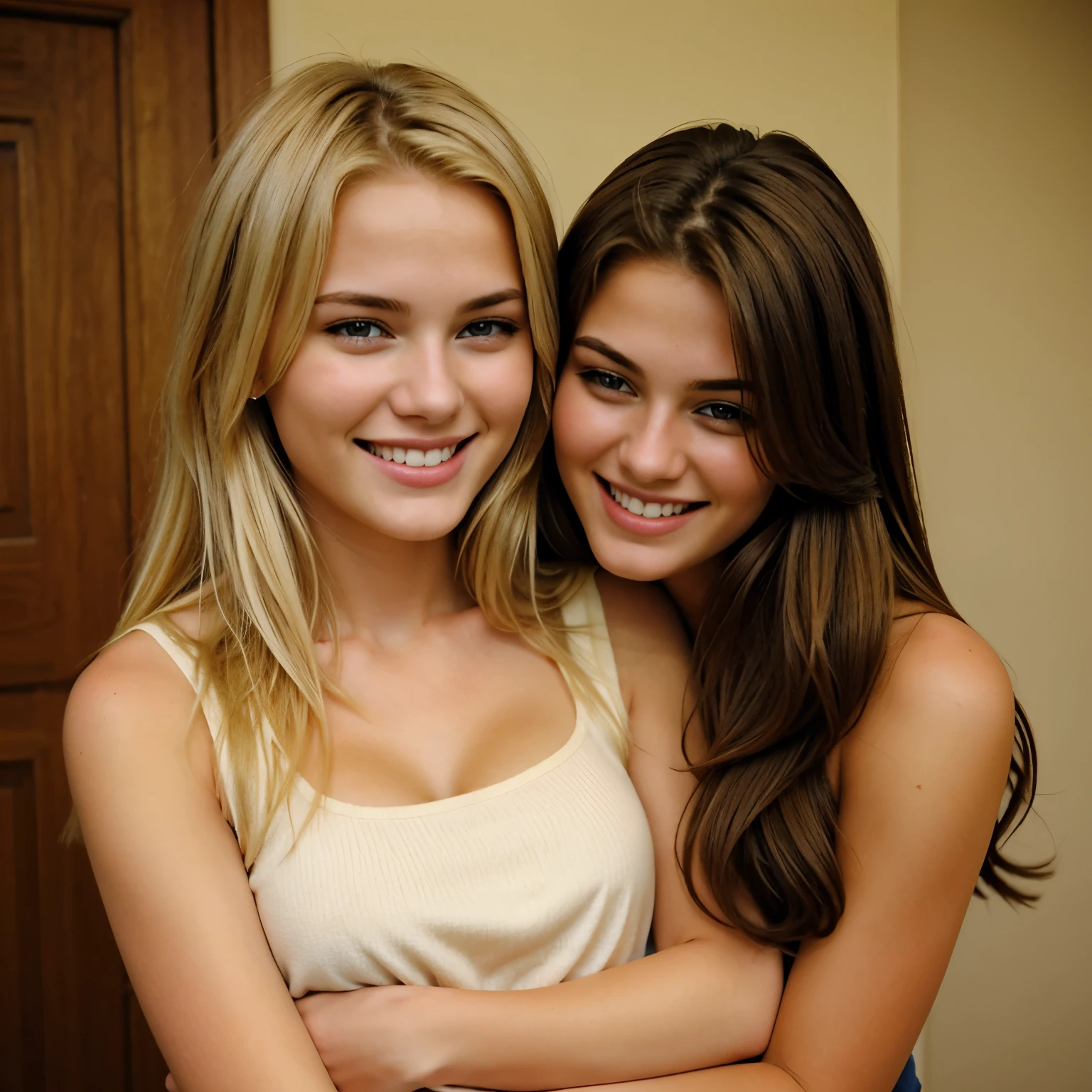 a beautiful blonde 18 yearold standing huggging a beautiful brunette 18 yearold smiling
