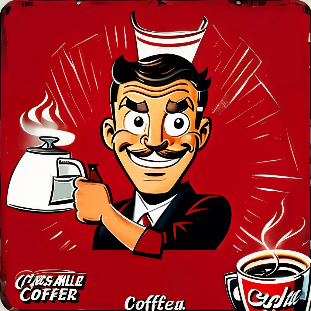 painting of a man holding a cup of coffee with a smile on his face, portrait of morning coffee, h3h3, drinking a coffee, on a red background, drinking coffee, drinking a cup of coffee, drink more coffee, cartoonish and simplistic retro vintage anuncios antigos, moustache and barbicha, barba no queixo, looking to the camera, realist, chin beard