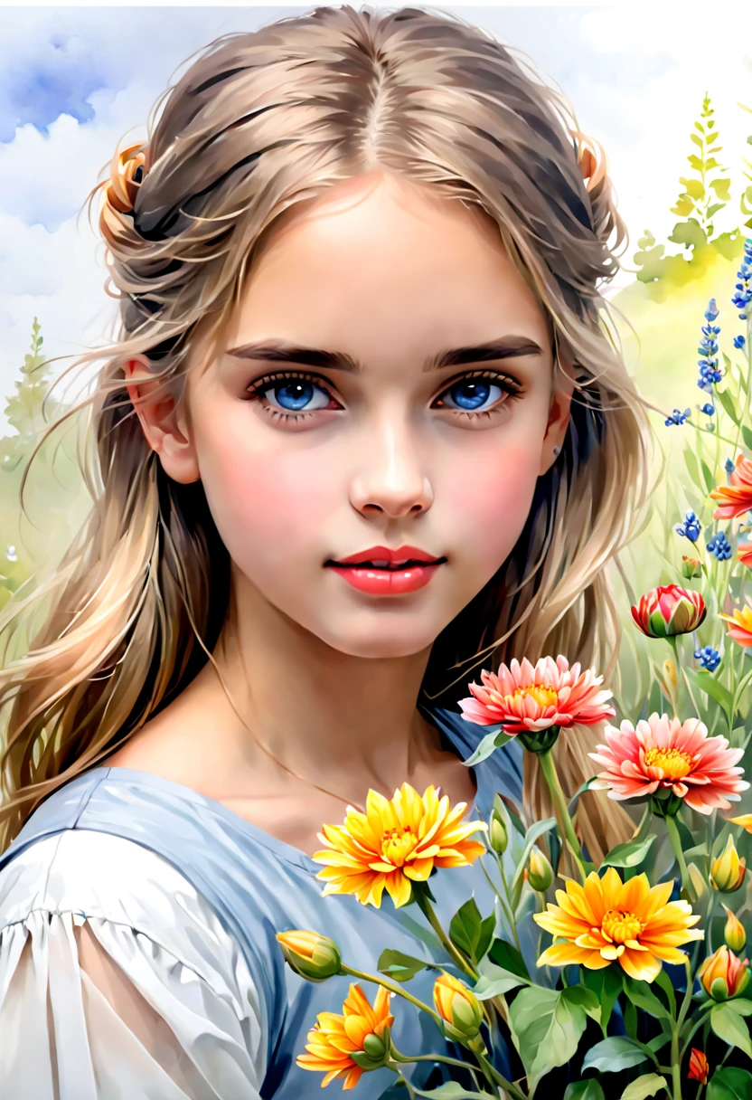 stunning cute, (),, prideful, hair blonde, blue color eyes, skinny, small breast, (An illustrated movie poster), (hand-drawn), full color, graphite shading, (airbrushed acrylic paint), masterpiece, bare shoulders , naked, flower garden in the background, northern summer lighting,