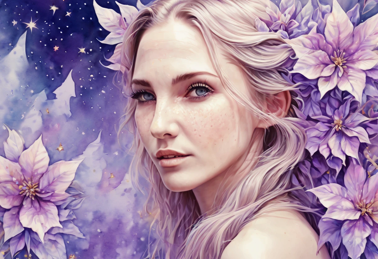 Marija. Watercolor Flowers , portraits, fantasy art, detailed features, vibrant colors, detailed  features, long flowers, subtle magical lighting, three side view, 1 side potrait,2 side close, 3 side in the batlle, photo collage, soft purple, film grain, detailed pores and wrinkles on the skin film grain, detailed pores and wrinkles on the skin, detailed elf village in backfround, full of stars sky, zentangle 
