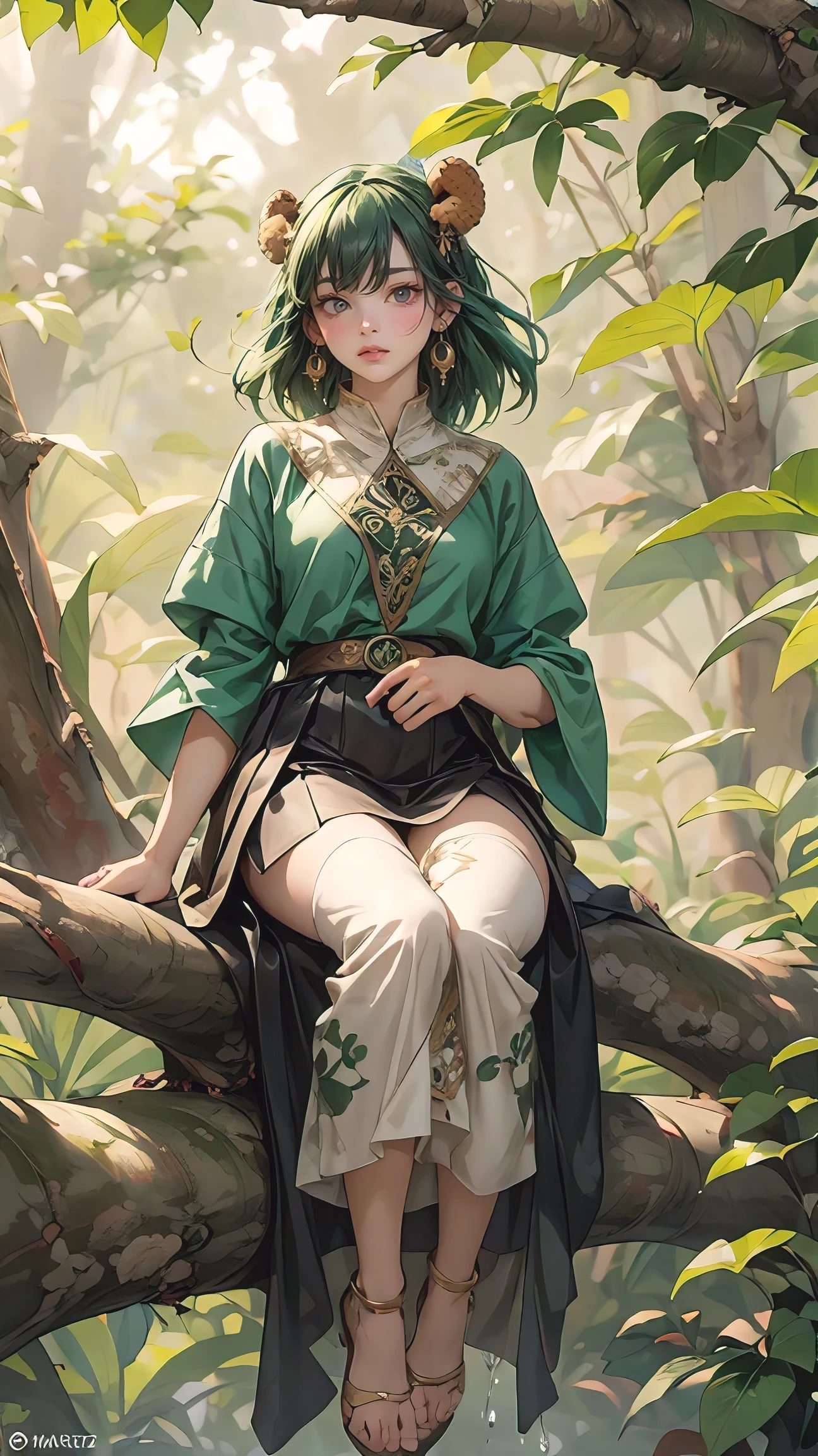 For realistic fantasy paintings, In the style of Frank frazetta, Serge Marshennikov and Omar Ortiz, wet on wet painting method. A Kokiri is a shorter person, with warm Forest Green hair, they wear cloth made from leaves, and use nuts and acorns for jewelry. Give me a full body portrait of a Kokiri woman sitting on a branch in a tree. The Tree is in a warm and sunny medieval forest. She is wearing a Forest Green Link's tunic, with leather armor, and a brown skirt. She has a wooden sword in one hand, and a wooden shield in the other, both have swirling carvings on them. She has a happy smile, content, watching the birds in the canopy