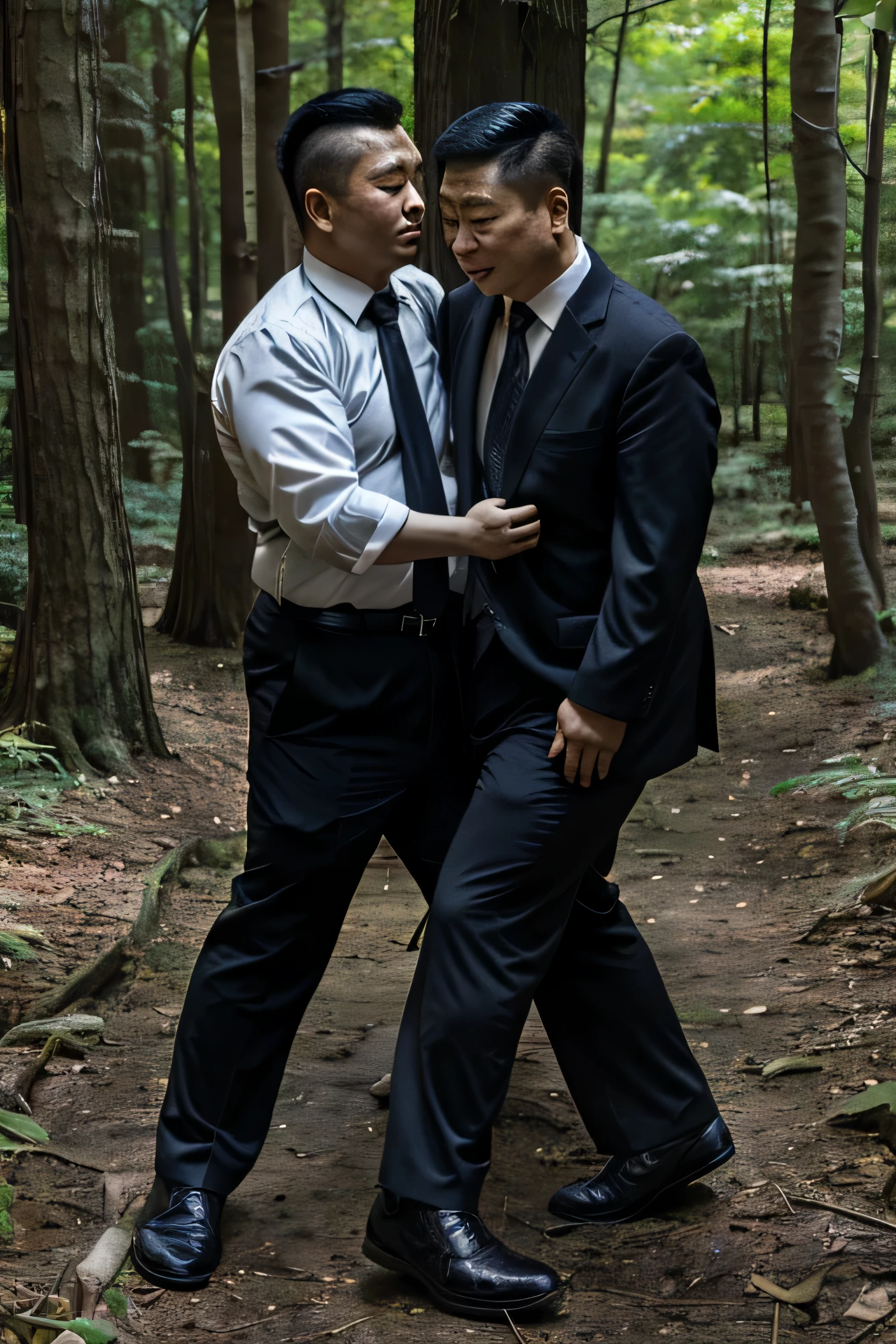Two people wearing black ties, Fat Chinese mature middle-aged man with security guard,fighting in the forest