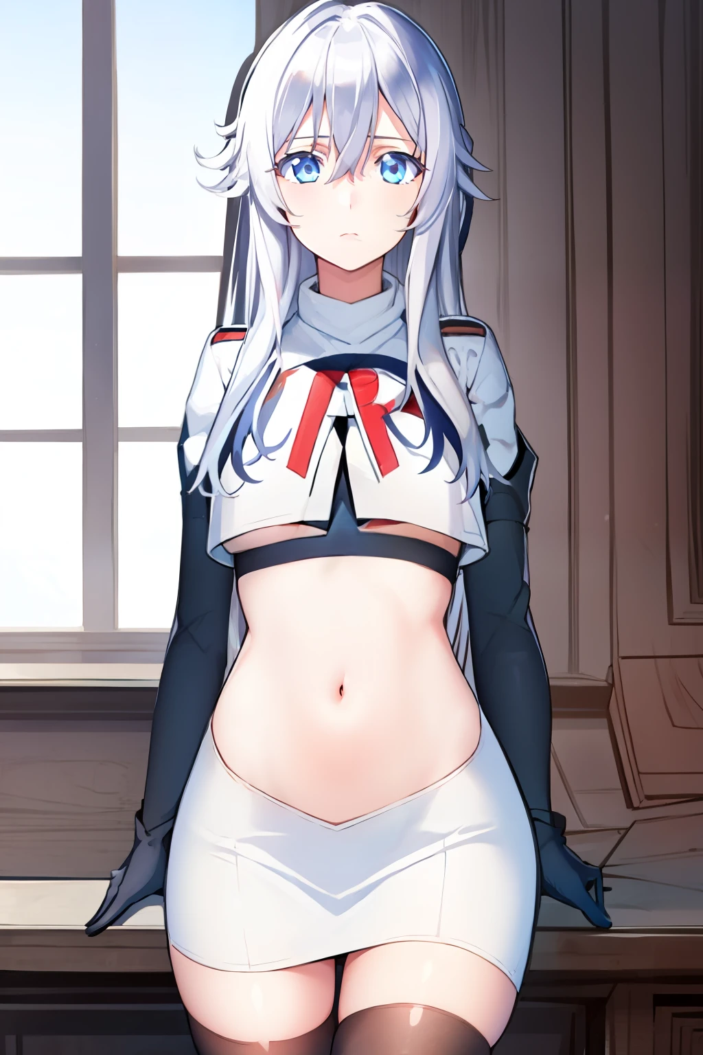 (masterpiece, best quality:1.2),
1girl,Vladilena,lenaface, blue eyes, breasts, looking at viewer, white hair,medium breasts, antenna hair, hair between eyes, looking at viewer, ahoge, expressionless, bangs, white hair,
team rocket,team rocket uniform, red letter R, white skirt,white crop top,black thigh-highs,black elbow gloves