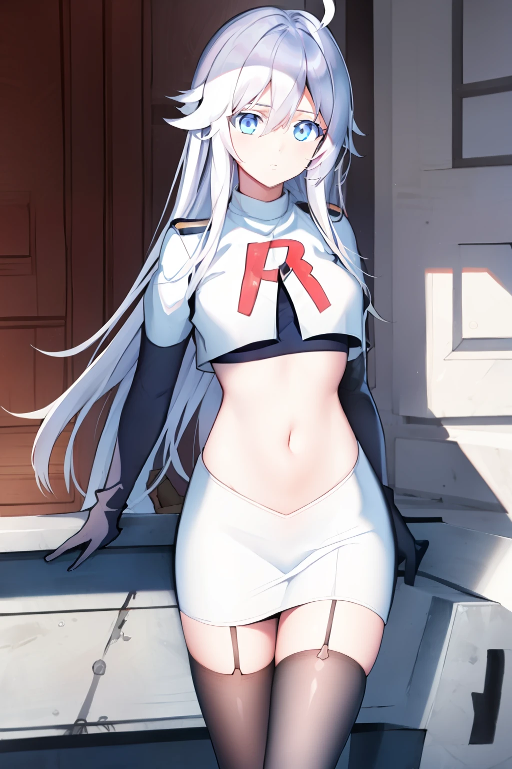 (masterpiece, best quality:1.2), 
1girl,Vladilena,lenaface, blue eyes, breasts, looking at viewer, white hair,medium breasts, antenna hair, hair between eyes,  looking at viewer, ahoge, expressionless, bangs, white hair,
team rocket,team rocket uniform, red letter R, white skirt,white crop top,black thigh-highs,black elbow gloves
