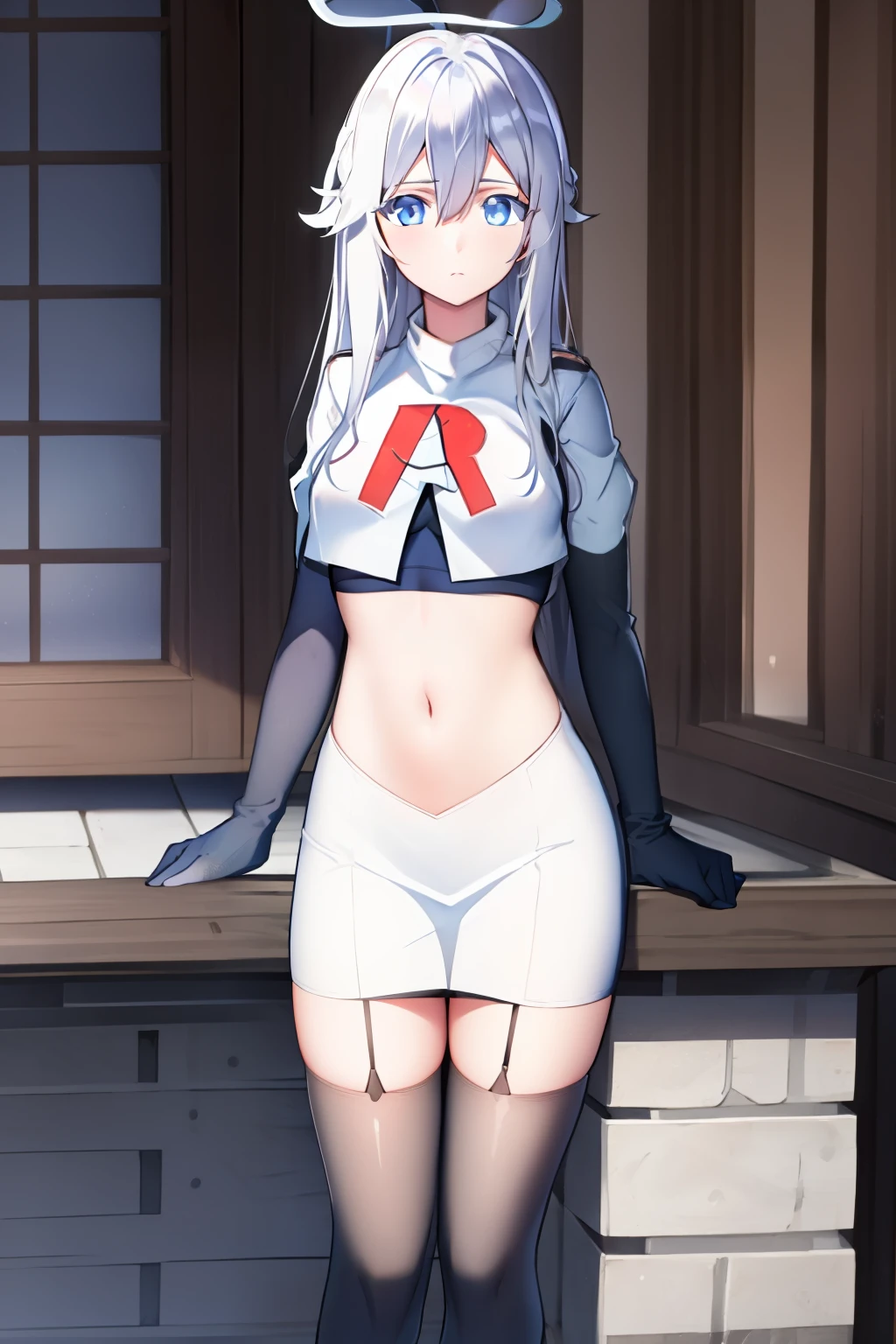 (masterpiece, best quality:1.2), 
1girl,Vladilena,lenaface, blue eyes, breasts, looking at viewer, white hair,medium breasts, antenna hair, hair between eyes,  looking at viewer, ahoge, expressionless, bangs, white hair,
team rocket,team rocket uniform, red letter R, white skirt,white crop top,black thigh-highs,black elbow gloves
