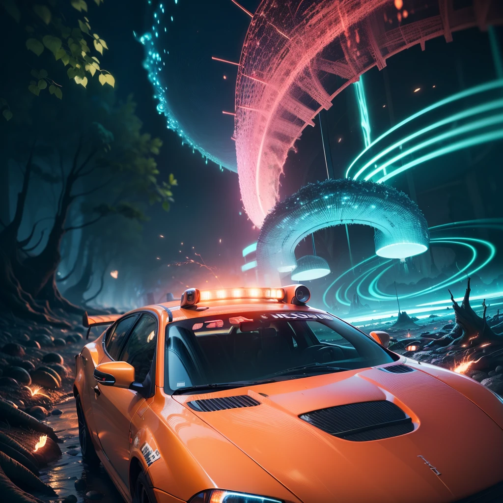 view camera the blue and orang bug car behide of the mushrooms, in the wood on the dark night, neon color, realistic, realphoto, colorful, 32k, fantasy world, sci-fi, surrounded by red and orange and green and blue sparks, bright light, muted colors, hyper realistic, lush illumination, swirling air, wishing potion bottle, sharp focus, fantasy, luxury, nature, swirling water, global illumination, detailed and intricate environment, Mysterious --auto --s2