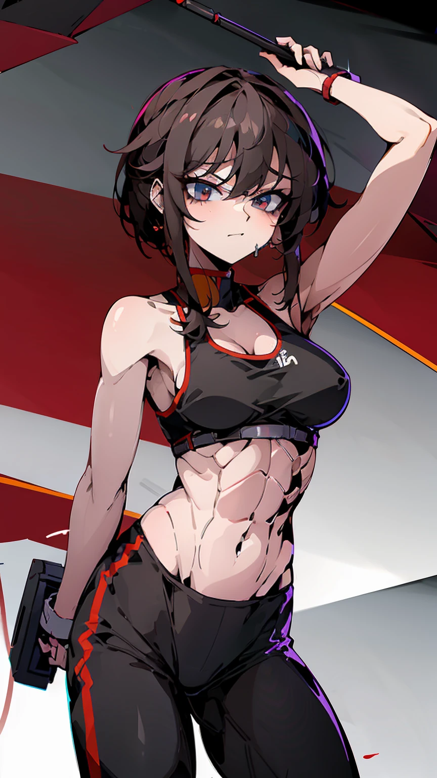 Megumin,adult, six pack abs, muscular arms, red sports bra, black sports leggings, hair short, gym, big breasts, huhe breast, Bodybuilder Girl, perfect abs, six pack abs, perfect body, posing