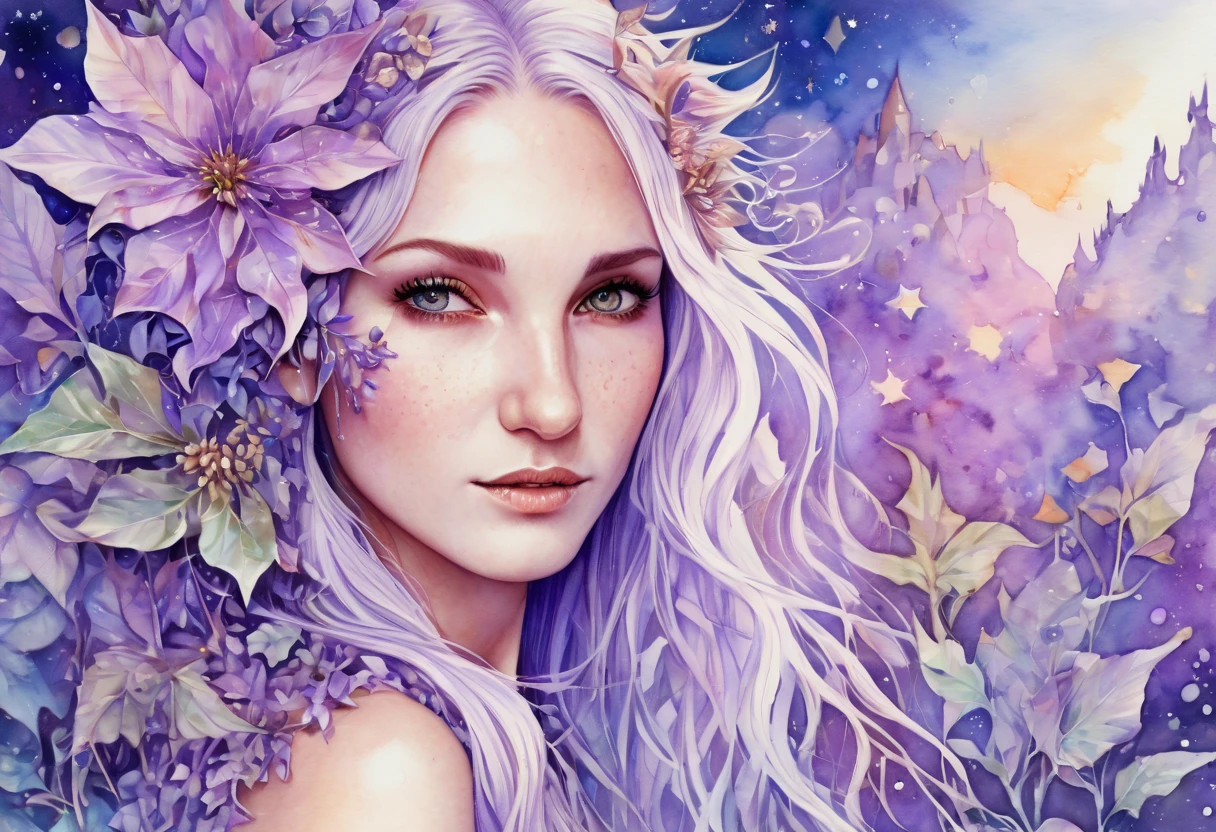Marija. Watercolor Flowers , portraits, fantasy art, detailed features, vibrant colors, detailed features, long flowers, subtle magical lighting, three side view, 1 side potrait,2 side close, 3 side in the batlle, photo collage, soft purple, film grain, detailed pores and wrinkles on the skin film grain, detailed pores and wrinkles on the skin, detailed elf village in backfround, full of stars sky, zentangle
