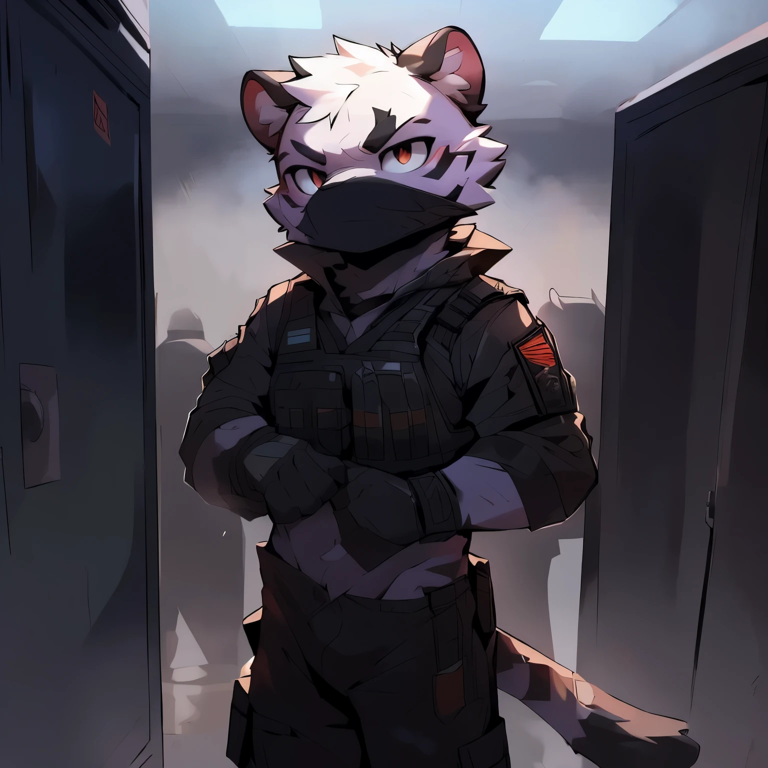 White Tiger,Special Forces,Black tactical shirt,black cargo bar,black balaclava,Locker room background,Tough expression,serious expression,black bulletproof vest,combat belt,penis,Take off your panties