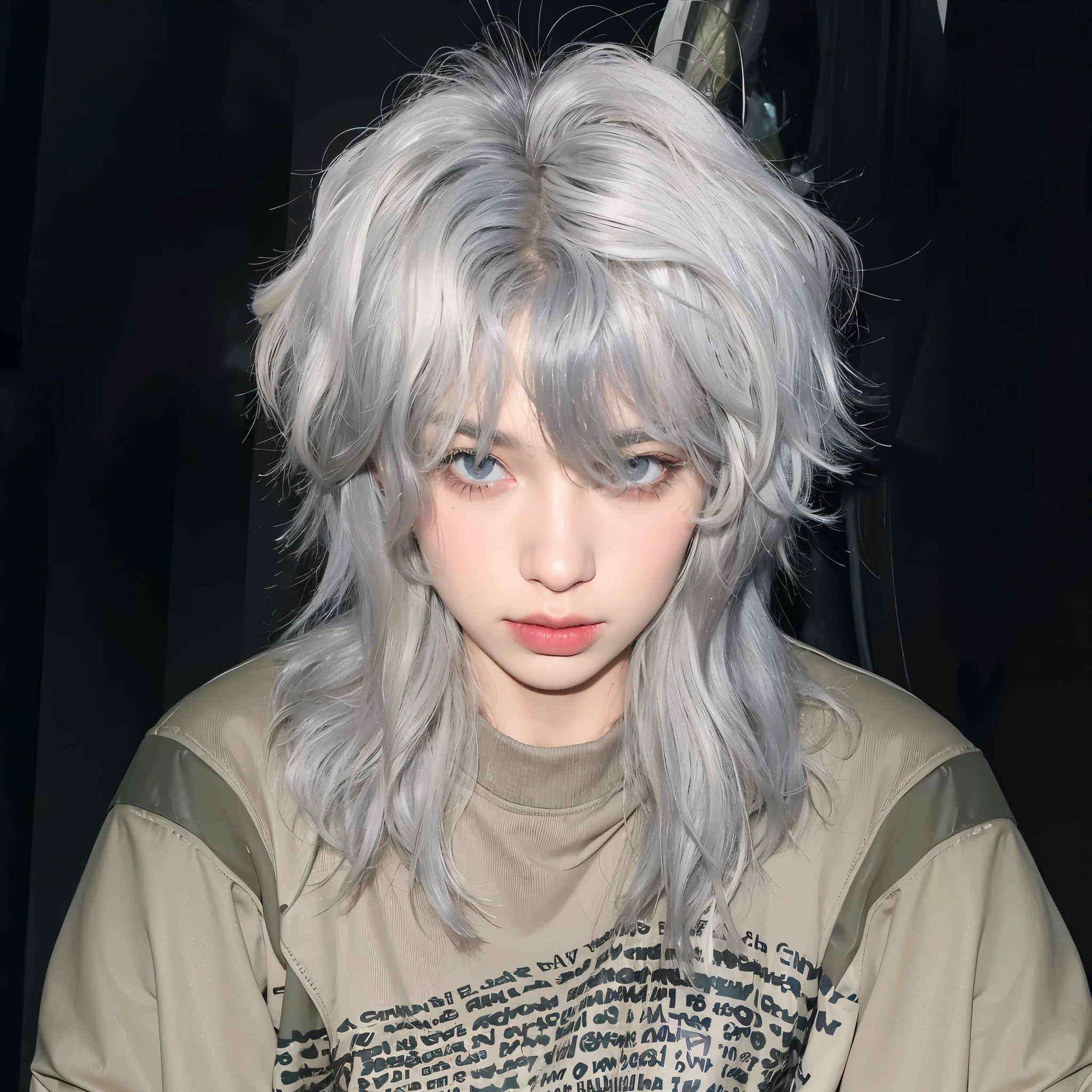 French and German man,Gray hair,wearing gray shirt, messy wavy white hair,silver hair,Grandma's gray hair color, long hair, Pale hair, Detailed punk hair, shaggy silver hair, gray skin. , silver fluffy hair, white bangs, White curly hair, gray hair, whitebangs, Hair details are foggy, silver hair