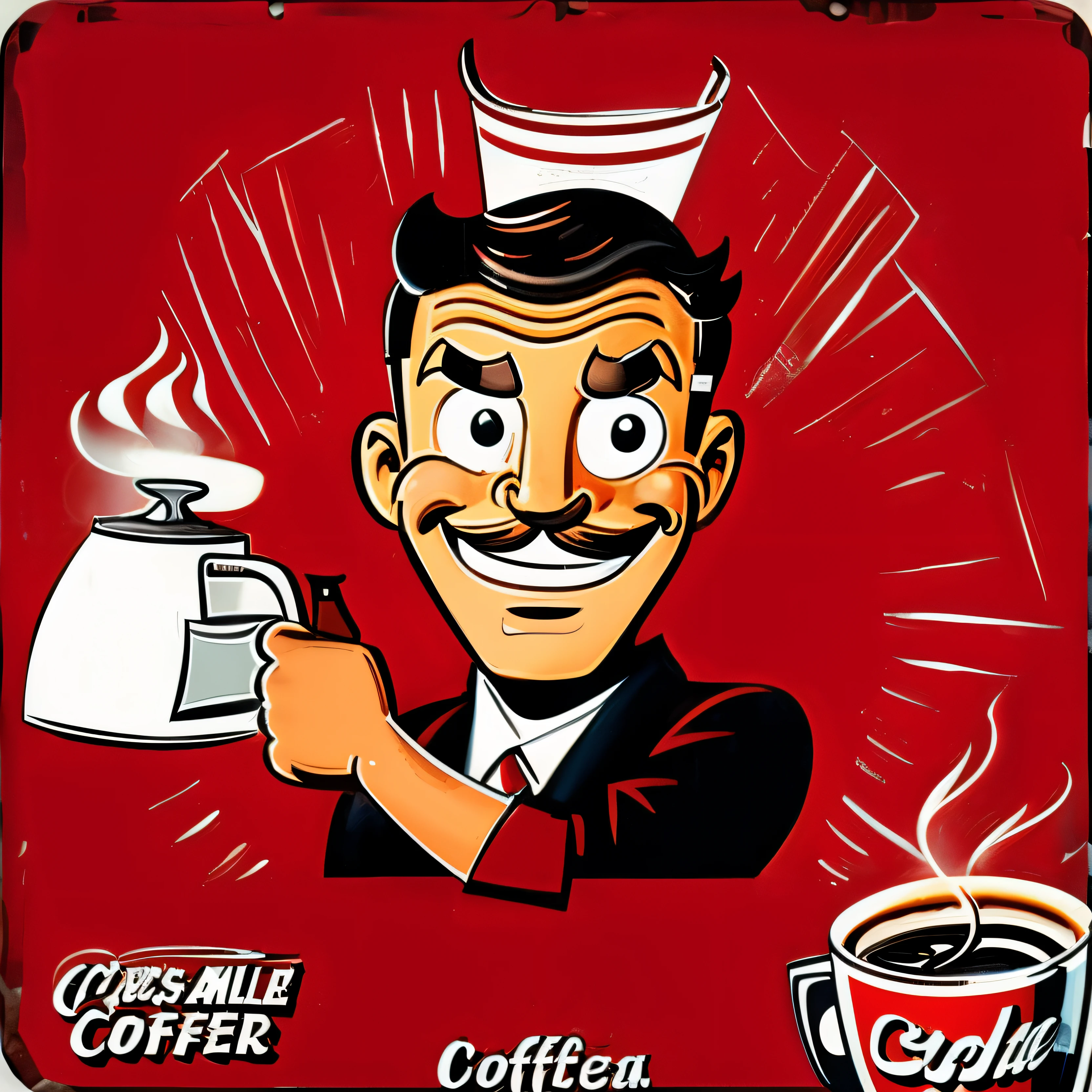 painting of a man holding a cup of coffee with a smile on his face, breakfast portrait, H3H3, having a coffee, em um fundo vermelho, drinking coffee, having a cup of coffee, drink more coffee, cartoonish and simplistic retro vintage anuncios antigos, bigode e barbicha, barba no queixo, Looking at the camera, realista, barba no queixo