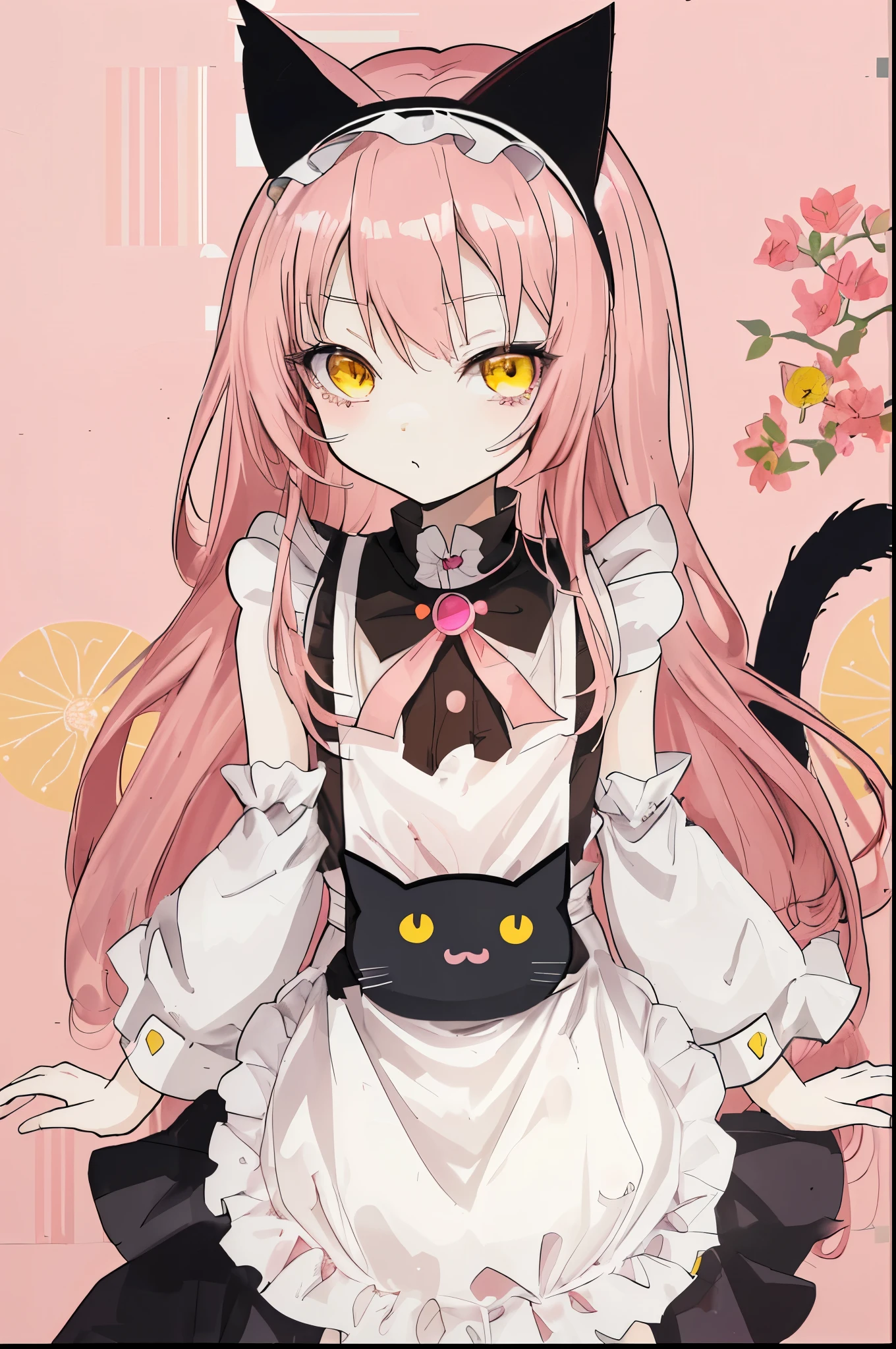 cute anime girl with long pink hair and yellow eyes, small chest size, short height, slim body, wearing white maid outfit and cat headband