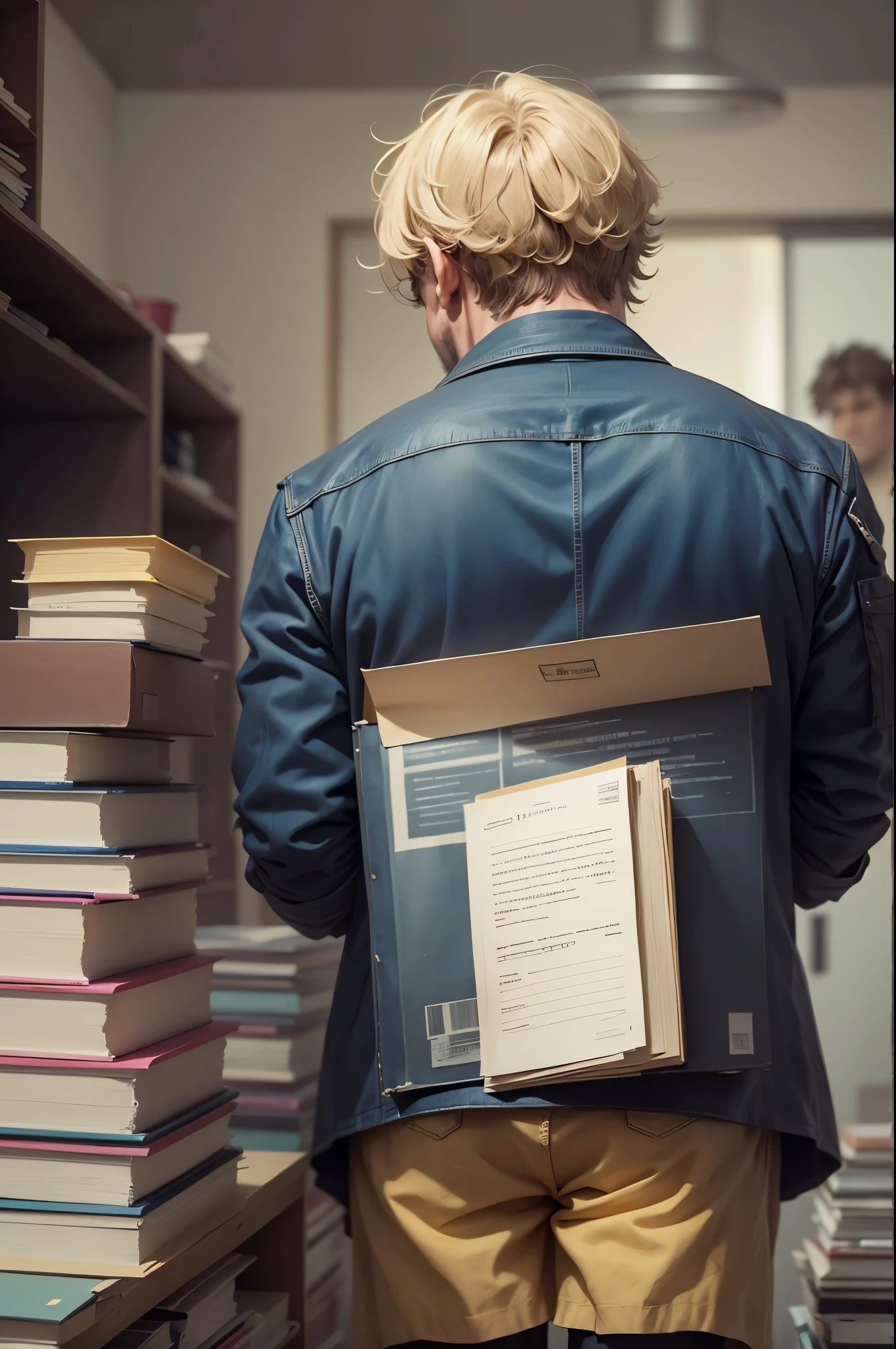 A middle-aged man carrying a house on his back, with a laborious expression on his face. He surrounded by piles of work documents, and his wife and children are standing beside him. --auto --s2