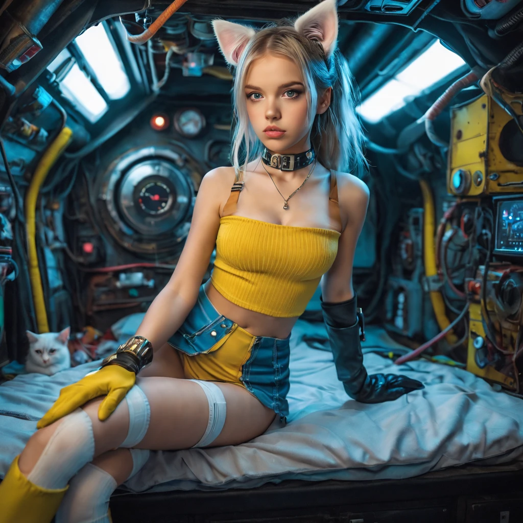 13 year old perfect likeness of TaisaSDXL wearing a worn and ragged yellow and blue small boob tube top. She is wearing a steel choker and leather gloves and white cats ears. She not wearing any pants and is naked from the breasts down except for long white maids stockings. She has a seductive look. She is inside a cyberpunk submarine, kneeling on a mattress on the floor of the submarine looking up at the viewer. There is a periscope and submarine hatches etc., in the background. Cyberpunk theme, professionally color graded, professional photography, well drawn, masterpiece, hyper realistic, ultra detailed, high quality, best quality, 4k, 8k, hi resolution, ((NSFW、realistic)), very young girl, young face, cute, beautiful 