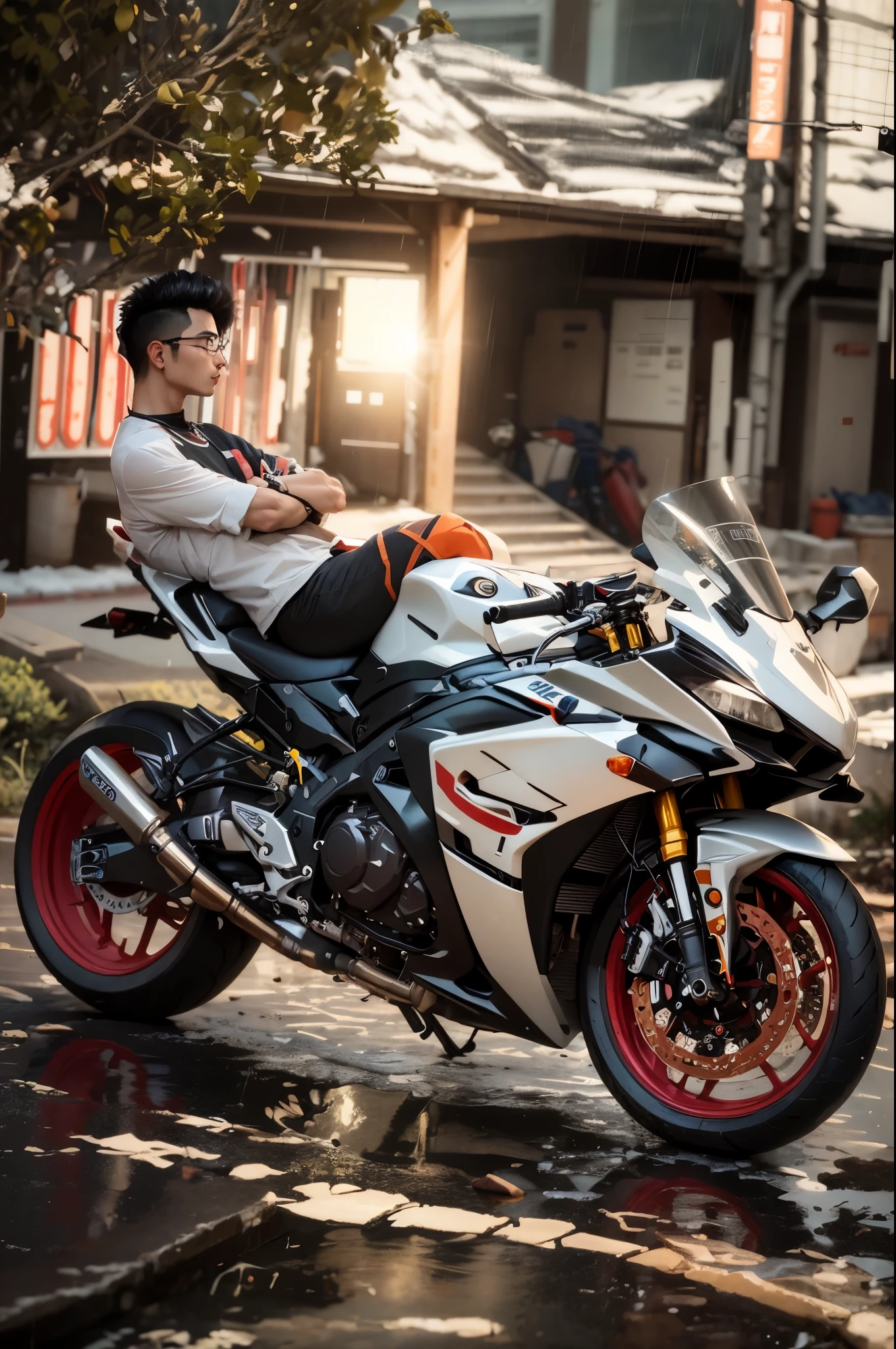 arafed korea man sitting on a motorcycle in the rain, avatar image, r6, yoshimura exhaust, motorcycle, profile photo, in style of davey adesida, sitting on a motorcycle, motorbiker, semi realism, translucent sss, sitting on cyberpunk motorbike, gamin, f 3 2, f32, wheelie, profile picture, full protrait