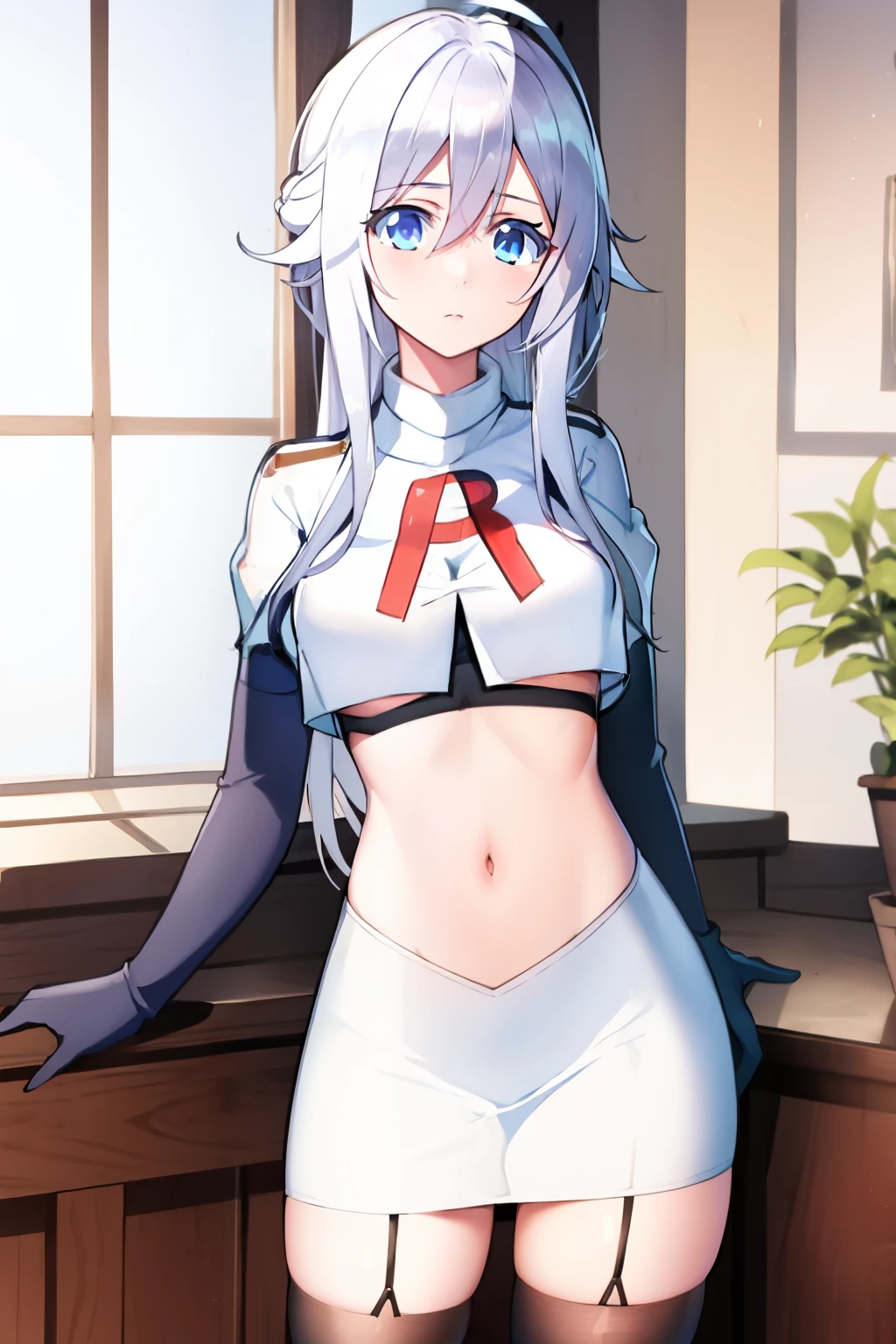 (masterpiece, best quality:1.2), 
1girl,Vladilena,lenaface, blue eyes, breasts, looking at viewer, white hair,medium breasts, antenna hair, hair between eyes,  looking at viewer, ahoge, expressionless, bangs, white hair,
team rocket,team rocket uniform, red letter R, white skirt,white crop top,black thigh-highs,black elbow gloves
