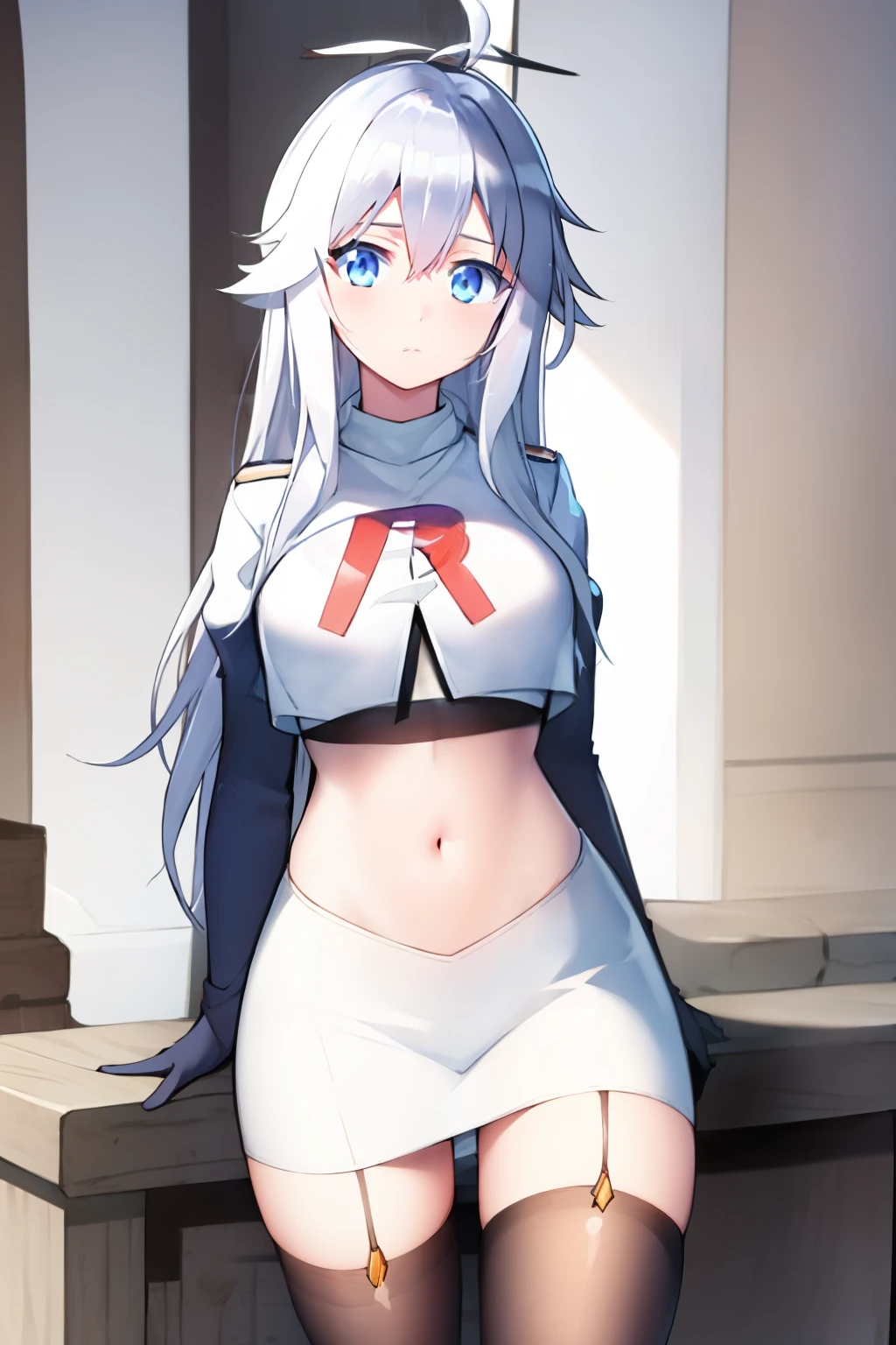 (masterpiece, best quality:1.2), 
1girl,Vladilena,lenaface, blue eyes, breasts, looking at viewer, white hair,medium breasts, antenna hair, hair between eyes,  looking at viewer, ahoge, expressionless, bangs, white hair,
team rocket,team rocket uniform, red letter R, white skirt,white crop top,black thigh-highs,black elbow gloves
