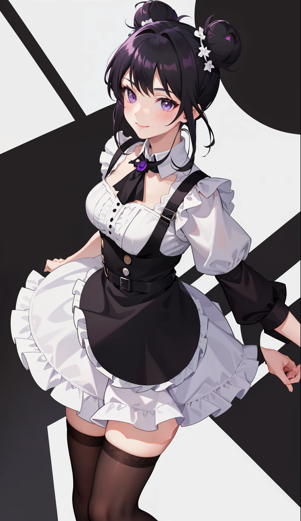 1girl in, smile, cute, skirt, black hair tied into two buns, two buns, purple eyes, apron, (medium breasts), maid black hair, hair accessories, sports, white stockings, clumsy