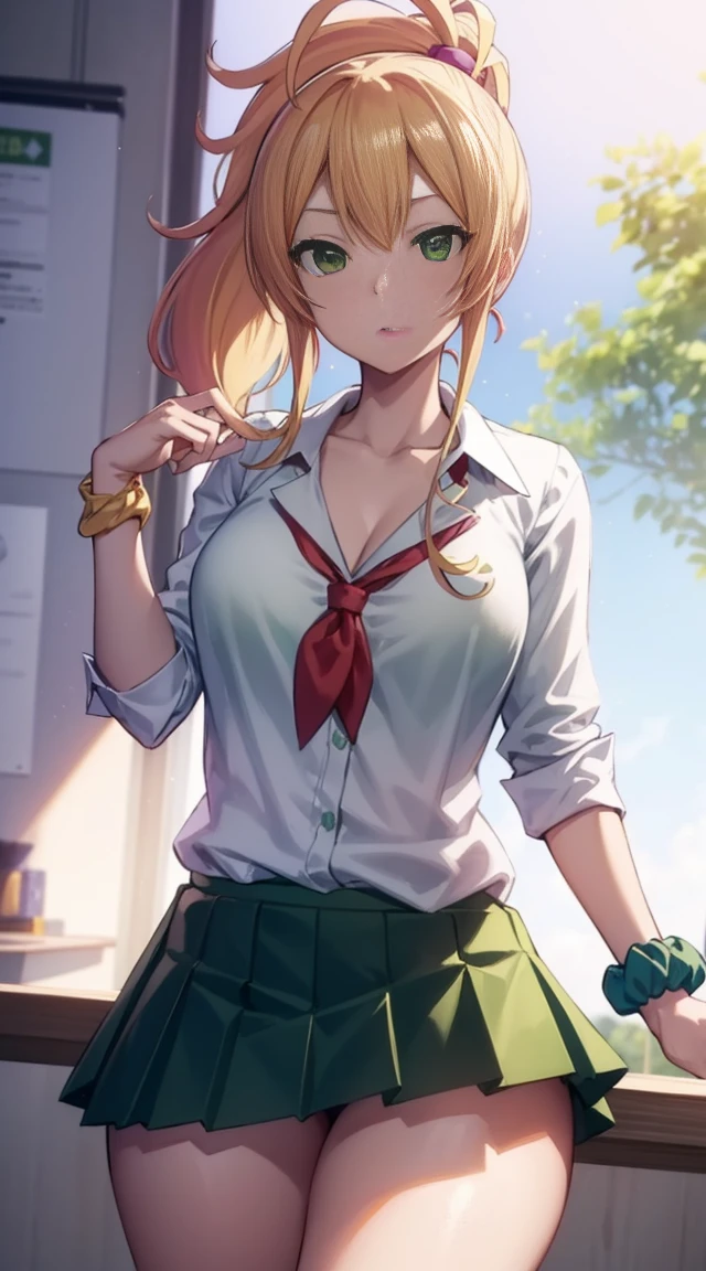 Yukana Yame, Yukana Yame, long hair, bangs, blonde hair, hair between eyes, (green eyes:1.5), ponytail, colorful hair, Scrunchie, high ponytail, lipstick, Improve, Kogal, compensate,
break skirt, shirt, jewelry, school uniform, clavicle, white shirt, pleated skirt, collared shirt, mini skirt, bracelet, green skirt,
break looking at viewer, whole body,
break indoors, classroom,
break (masterpiece:1.2), highest quality, High resolution, unity 8k wallpaper, (figure:0.8), (beautiful and fine eyes:1.6), highly detailed face, perfect lighting, Very detailed CG, (perfect hands, perfect anatomy),thick thighs