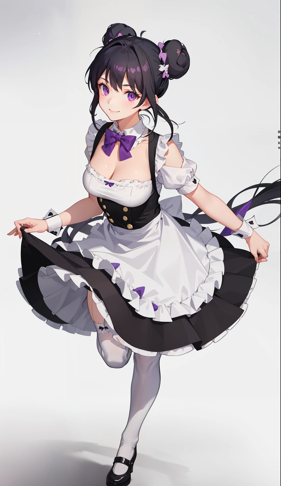 1girl in, smile, cute, skirt, black hair tied into two buns, bow, two buns, purple eyes, apron, (medium breasts), maid black hair, hair accessories, sports, white stockings, clumsy
