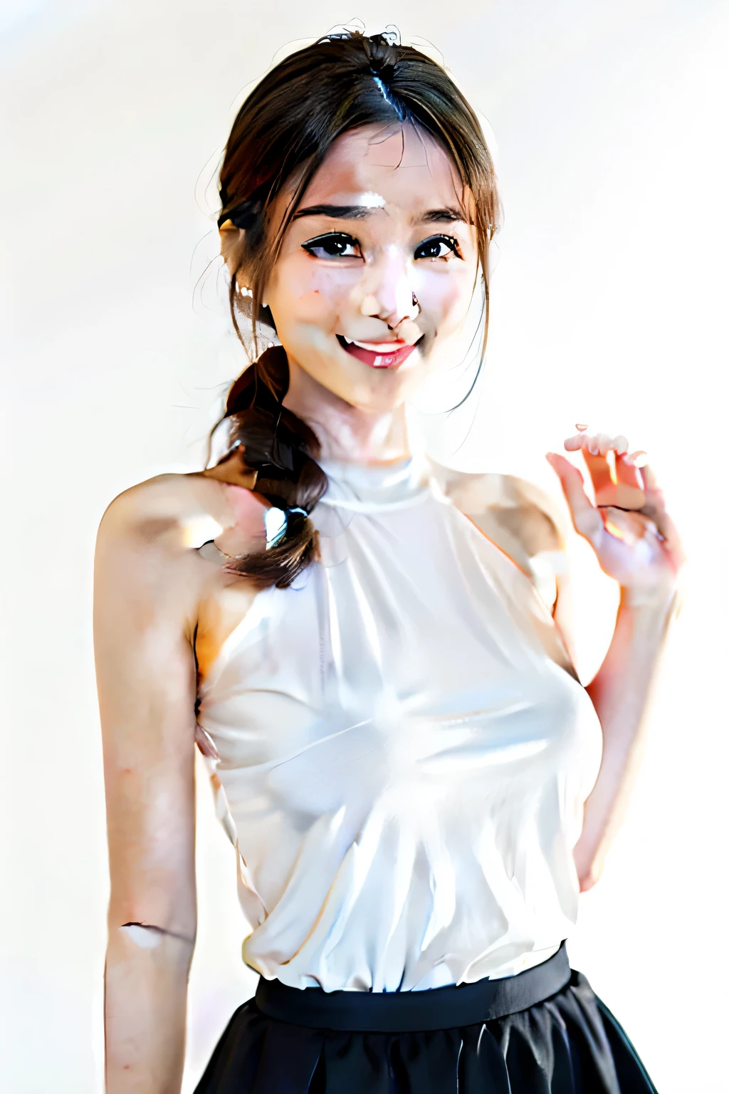 1 girl,skirt：1.1,White background,Smile,The face  super delicate, exquisite eyes,