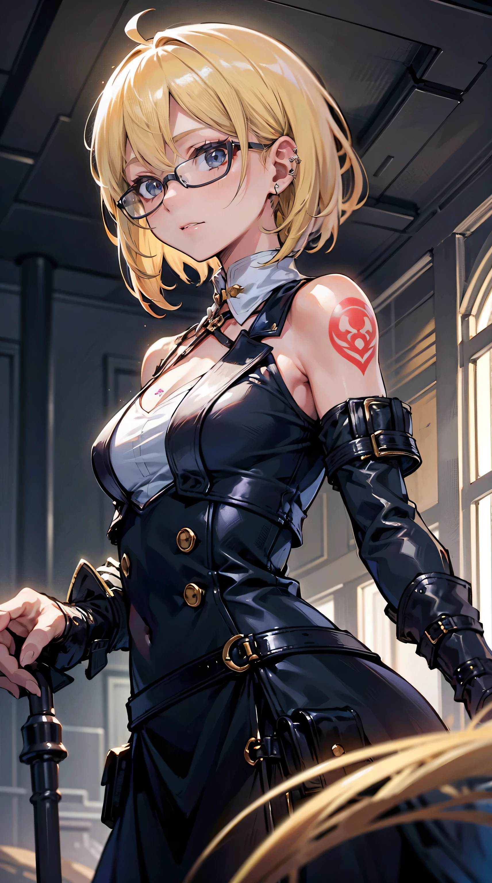 (masterpiece:1.2, best quality), 1lady, solo, school uniform, classroom, day, sit, blonde, twintails, red eyes, open collabone, darkskin, (open breasts:1.1), ((steam,sweat)), makeup, girl、Wall Don、