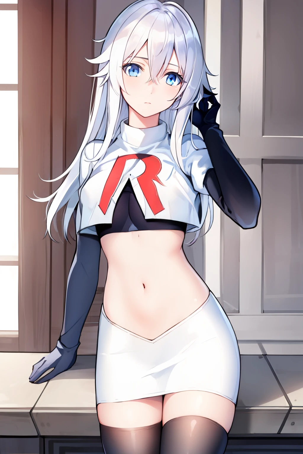 (masterpiece, best quality:1.2), 
1girl,Vladilena,lenaface, blue eyes, breasts, looking at viewer, white hair,medium breasts, antenna hair, hair between eyes,  looking at viewer, ahoge, expressionless, bangs, white hair,
team rocket,team rocket uniform, red letter R, white skirt,white crop top,black thigh-highs,black elbow gloves
