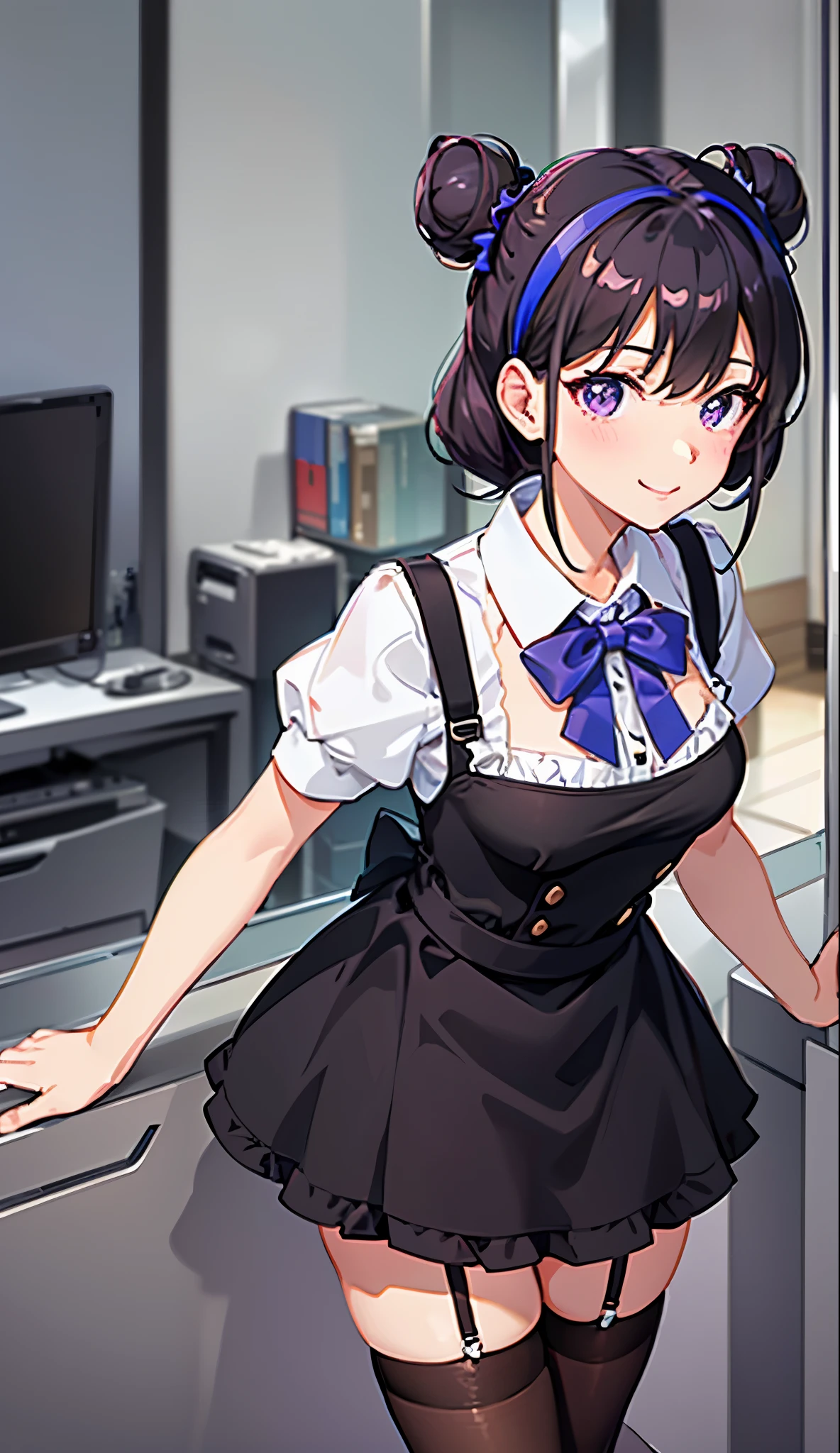 1girl in, smile, cute, skirt, black hair tied into two buns, bow, two buns, purple eyes, apron, (medium breasts), maid black hair, hair accessories, sports, white stockings, clumsysy