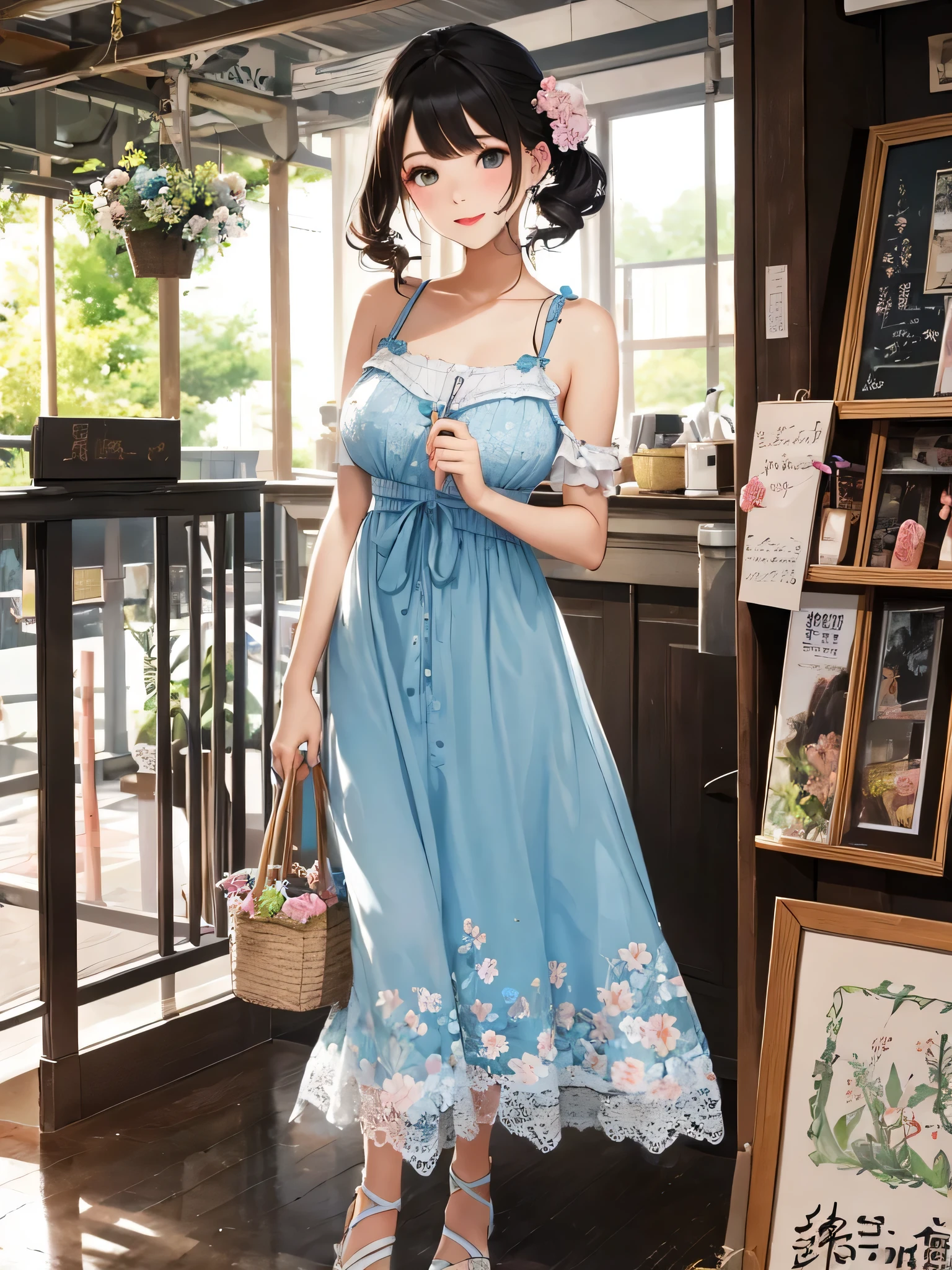 (8K, RAWphotograph, highest quality, masterpiece:1.2), 高精細な RAW カラーphotograph,
18 year old beautiful girl,photograph,realistic,whole body,intricate details,perfect skin,huge breasts,cute hairstyle,
Feminine and romantic one-piece style,
Choose a flared skirt or maxi dress, Choose linen or chiffon fabrics with soft colors.。,
Pair your feet with heeled sandals or espadrilles..、Emphasize your femininity with basket bags and ribbons。,
pastel colors and floral patterns、Incorporating lace and frill details creates an elegant and cute impression..。,This is a coordination that is typical of a young teenage woman..々You can bring out your charm and cuteness。,
Material and coloring、Incorporating a trendy feel、We recommend choosing details that express your individuality..。,
accessories and hairstyles too、Enjoy your own style by adjusting makeup and other points..。,