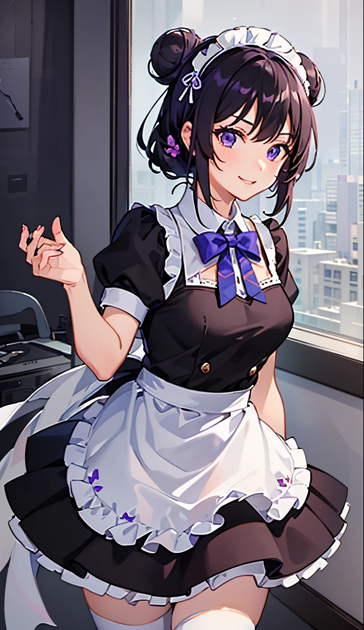 1girl in, smile, cute, skirt, black hair tied into two buns, bow, two buns, purple eyes, apron, (medium breasts), maid black hair, hair accessories, sports, white stockings, clumsysy