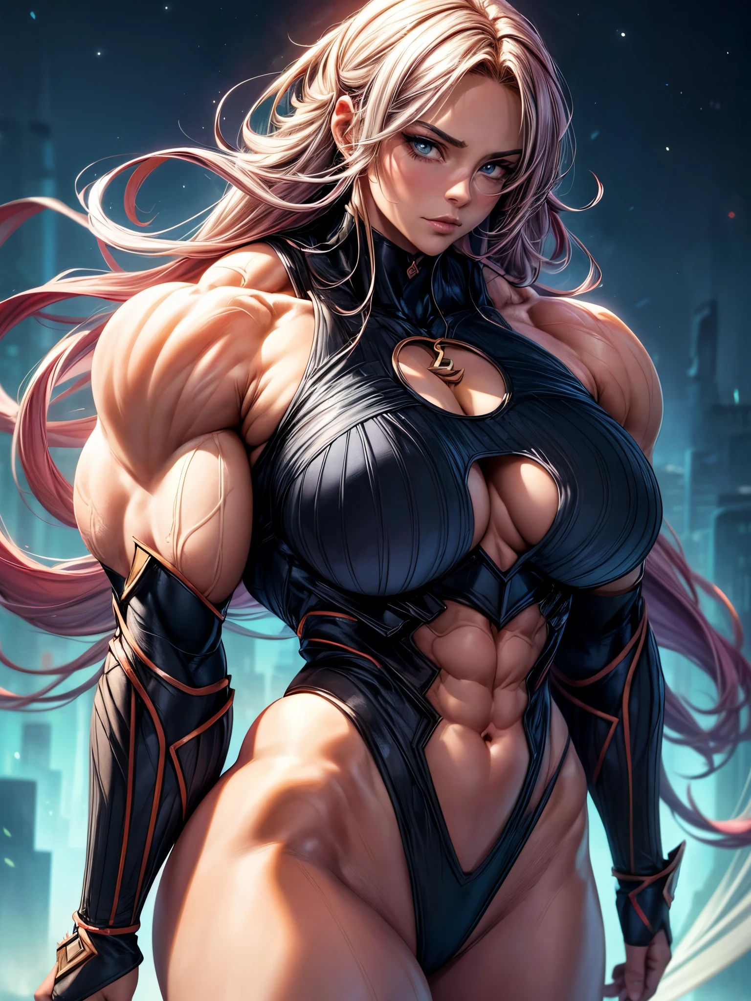 (best quality,4k,8k,highres,masterpiece:1.2),ultra-detailed,(realistic,photorealistic,photo-realistic:1.37),HDR,UHD,ultra-fine painting,sharp focus,physically-based rendering,extreme detail description,professional,vivid colors,bokeh,portraits,landscape,anime,sci-fi,photography,concept artists,bright and vibrant colors,soft lighting,meticulous attention to details,high contrast,glowing skinfireworks illuminating the night sky,celestial stars and constellations,sword of light in her hand,emitting a powerful aura,aura of protection and strength,inspiring hope in everyone who sees her,superhero emblem on her chest,bringing justice and peace to the world,leaping between buildings,ready to save the day. ((lauiuscle:1.5)),(dry_muscle)),((huge_muscle:1.5)), female:1.5,Dark from front, upper_body, laugh, flex muscle,