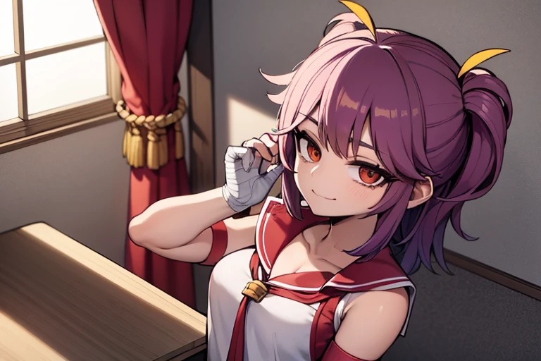 Obra maestra, la mejor calidad, manos bien detalladas, Imagen 4k,HD,anime style of a girl with purple hair and very short, she has a miko outfit, she wears a very tight schoolgirl uniform and her arms are wrapped in bandages, she is in a classroom and smiles sadistically 