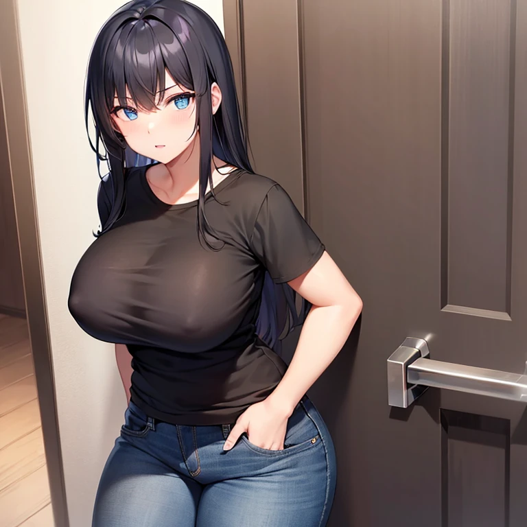 girl, black hair, blue eyes, big breasts, black shirt, jeans, standing in front of the door