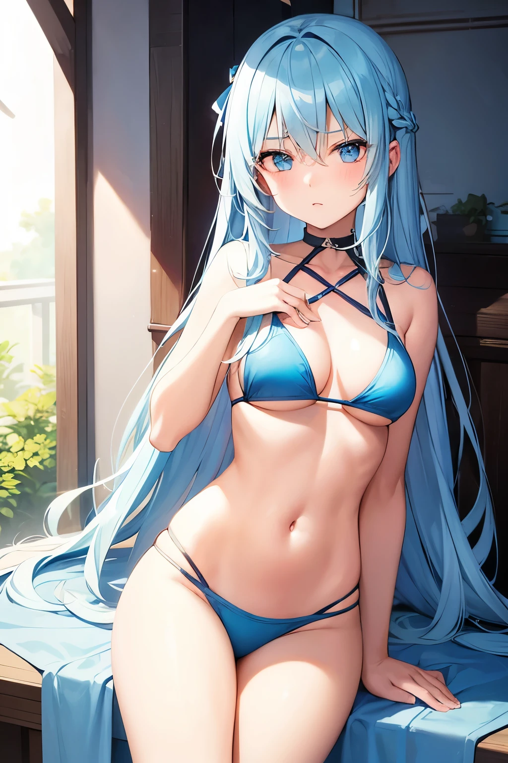 1girl, blue eyes, light blue hair, long hair, bikini, sad, anime,cute