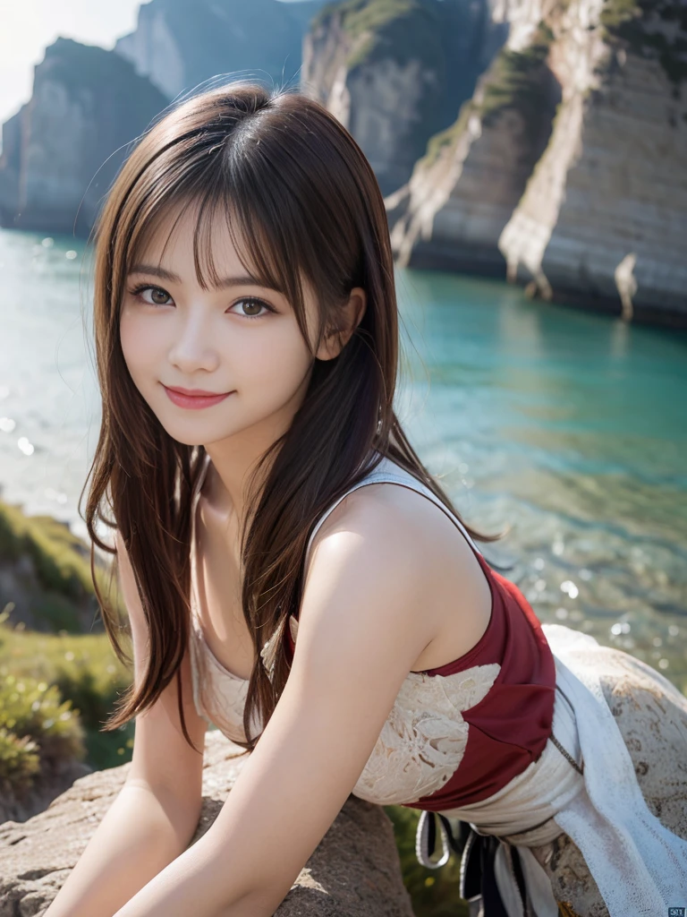 (masterpiece), (RAW photo: 1.2), highest quality, beautiful, woman sitting on the edge of a cliff, smile, rock climb costume, highly detailed eyes and face, beautiful detailed eyes, huge file size, High resolution, 8k wallpaper, fine detail 8k wallpaper, (photorealism: 1.4),