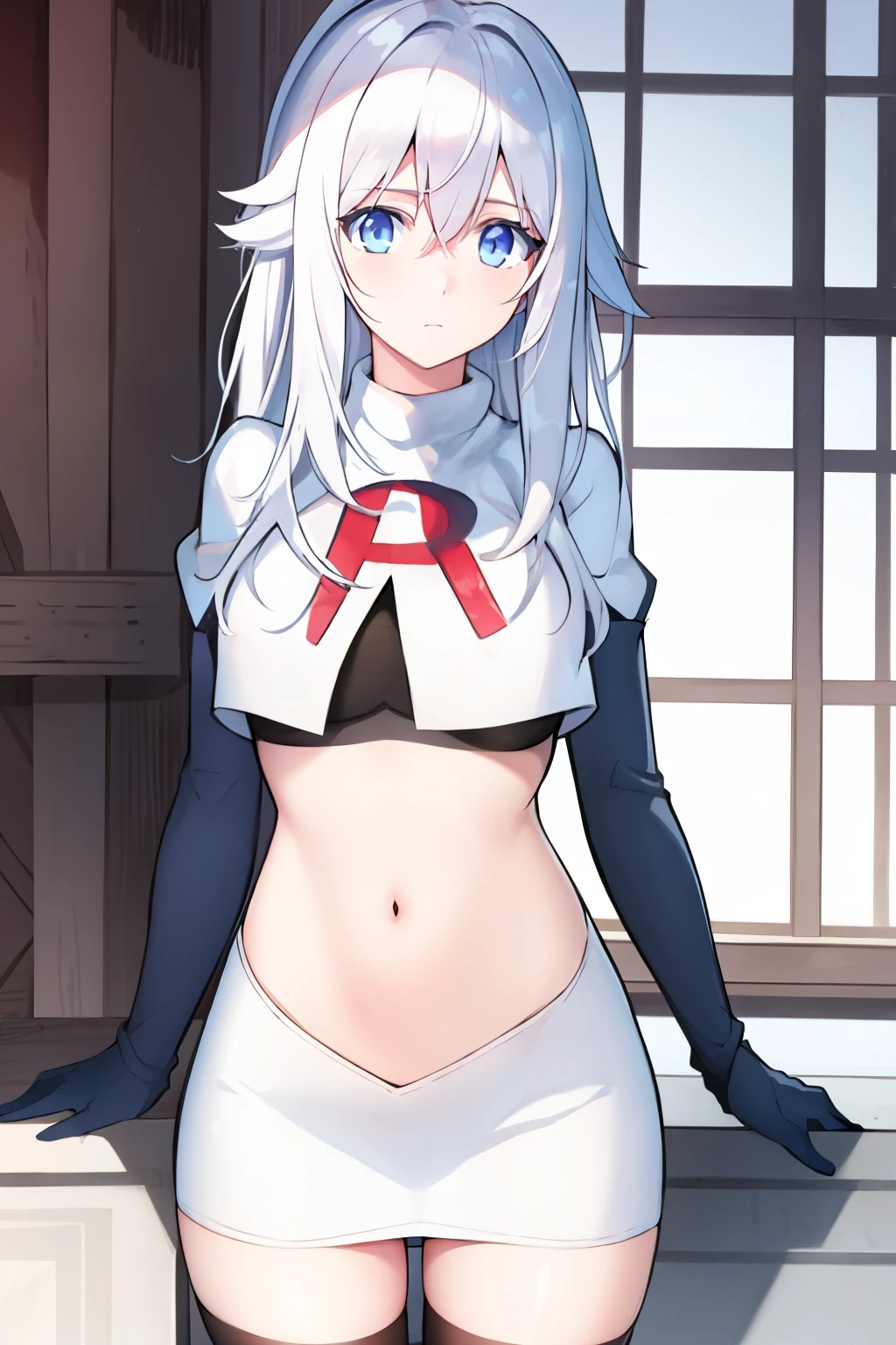 (masterpiece, best quality:1.2), 
1girl,Vladilena,lenaface, blue eyes, breasts, looking at viewer, white hair,medium breasts, antenna hair, hair between eyes,  looking at viewer, ahoge, expressionless, bangs, white hair,
team rocket,team rocket uniform, red letter R, white skirt,white crop top,black thigh-highs,black elbow gloves
