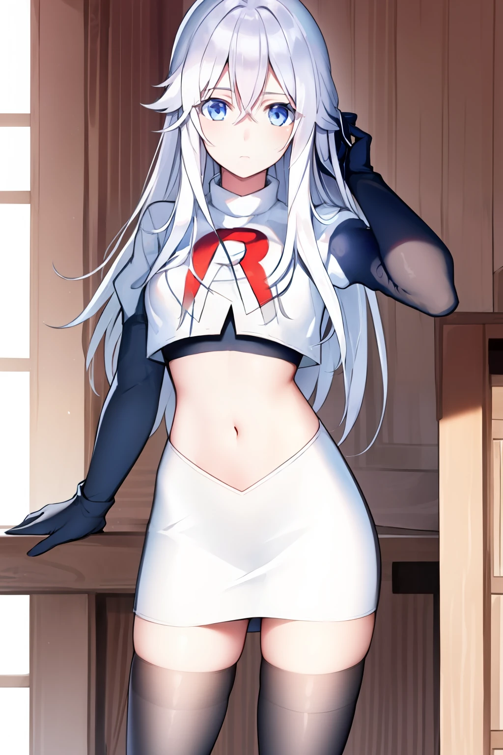 (masterpiece, best quality:1.2), 
1girl,Vladilena,lenaface, blue eyes, breasts, looking at viewer, white hair,medium breasts, antenna hair, hair between eyes,  looking at viewer, ahoge, expressionless, bangs, white hair,
team rocket,team rocket uniform, red letter R, white skirt,white crop top,black thigh-highs,black elbow gloves
