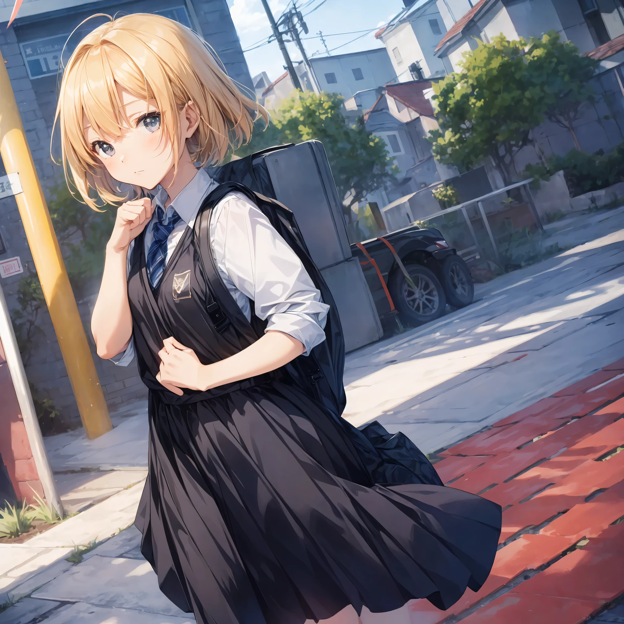 Super high quality by the art god, super detailed, High resolution, Shinkai Makoto style, anime moe art style, best anime 8K konachan wallpaper, pixiv contest winner, perfect anatomy, break,(眠そうにalone学校へ行く女の子を描いてください. ),break, surreal high school girl, (alone,change, child,:1.3),All limbs, full finger,Middle schoos charm, (very, very short hair), messy hair, flat and soft chest, small ass, between legs, small eyes,beautiful detailed black eyes, Well-proportioned iris and pupils, disgusted eyes, High resolutionの詳細な髪, school uniform, (skirt), On the way to school. break,super dense skin, Best lighting by famous artists, 8K, figure,
