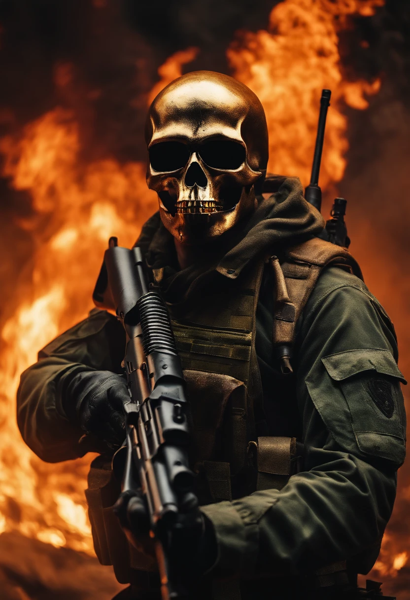 Soldier with gun in hand and skull mask and background on fire
