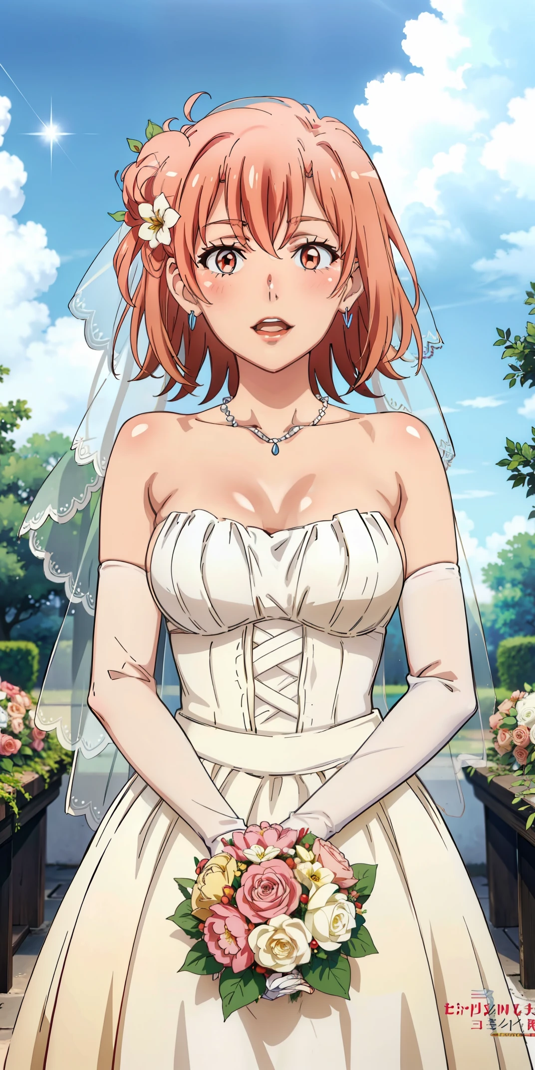 best quality, masterpiece, high resolution, 1 girl, Yuigahama Yui, Wedding dress , red lips, short hair, Smile, garden background, Close-up of beautiful bride in bridal dress,Gurwitz,Blushing face,Head flower,headgear,(tube top wedding dress:1.5),(silk dress:1.2),(strapless wedding dress:1.5),pure white dress,necklace,earrings,(large breasts:1.3),Neck ornaments,Deep V peach heart collar wedding dresangouquet,lipstick,(White long elbow gloves:1.3),(Bridal veil:1.2),(Transparent short veil:1.2),Bust photo,High detail RAW color art,Tyndall phenomenon,front,Half body