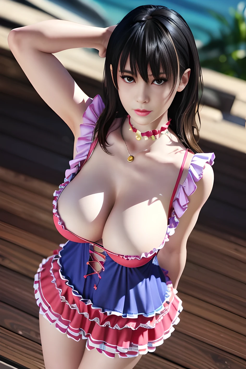 1 girl,seven waves,(Dress in colorful,Ruffles,Slip dress:1.4),jewelry,tattoo,Lips slightly open, lustful smile, red lips,charming figure,huge breasts,Charming cleavage,((8k, original photo, top quality, masterpiece), HD RAW color photos professional close-up photos), (actual, photorealism: 1.37), (best quality), (best shade), ((erotic, Sexy), ultra high resolution, HD CG unified 8K wallpaper, Physically based rendering, movie lighting),(high angle shot:1.2)