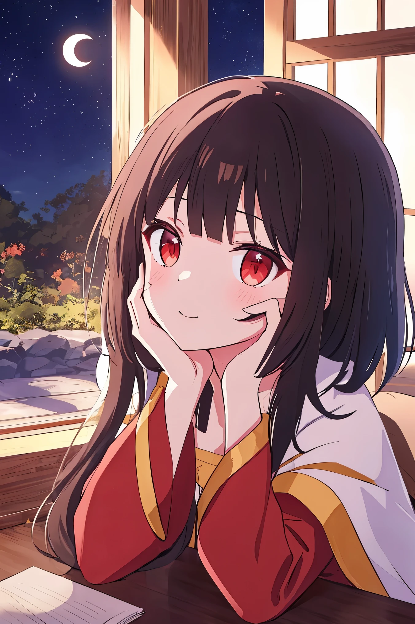 Megumin, red eyes l, cabelos castanhos, cabelos curtos, hands on face, com vergonha, natureza, Sakura, de noite, asas de anjo, corpo inteiro