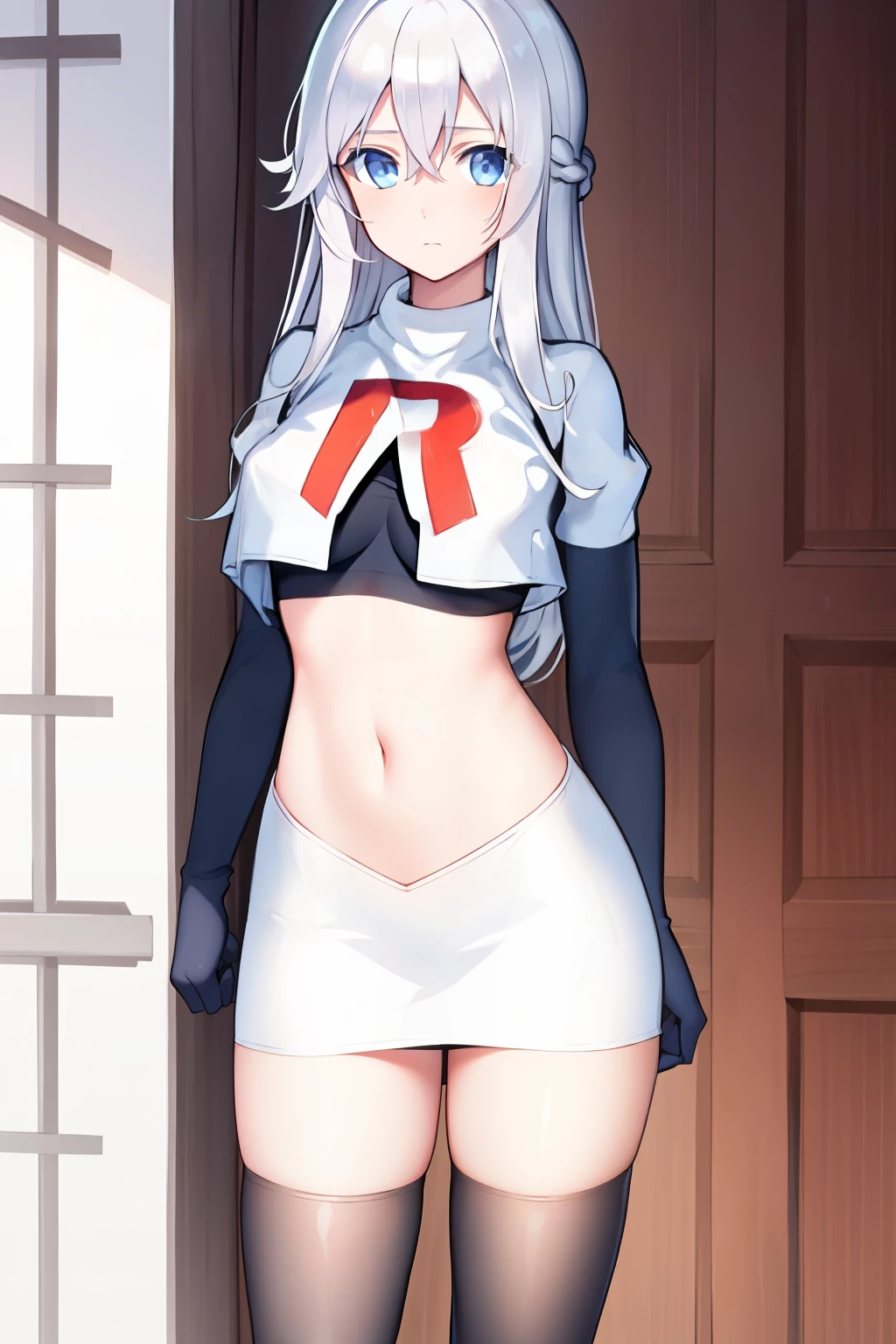 (masterpiece, best quality:1.2), 
1girl,Vladilena,lenaface, blue eyes, breasts, looking at viewer, white hair,medium breasts, antenna hair, hair between eyes,  looking at viewer, ahoge, expressionless, bangs, white hair,
team rocket,team rocket uniform, red letter R, white skirt,white crop top,black thigh-highs,black elbow gloves
