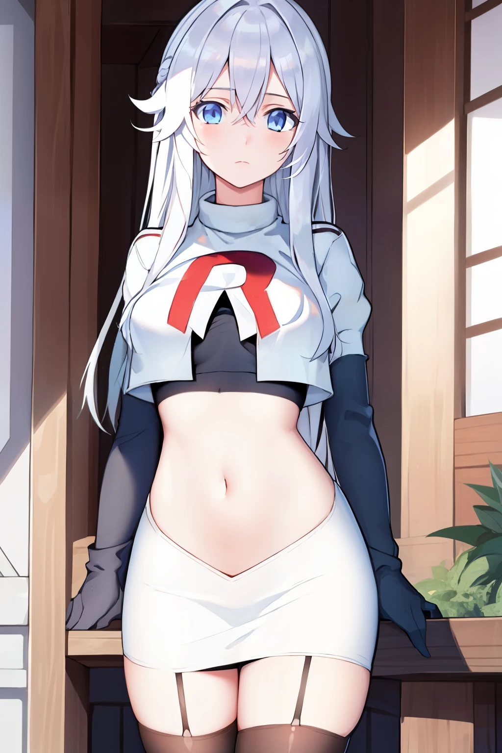 (masterpiece, best quality:1.2), 
1girl,Vladilena,lenaface, blue eyes, breasts, looking at viewer, white hair,medium breasts, antenna hair, hair between eyes,  looking at viewer, ahoge, expressionless, bangs, white hair,
team rocket,team rocket uniform, red letter R, white skirt,white crop top,black thigh-highs,black elbow gloves
