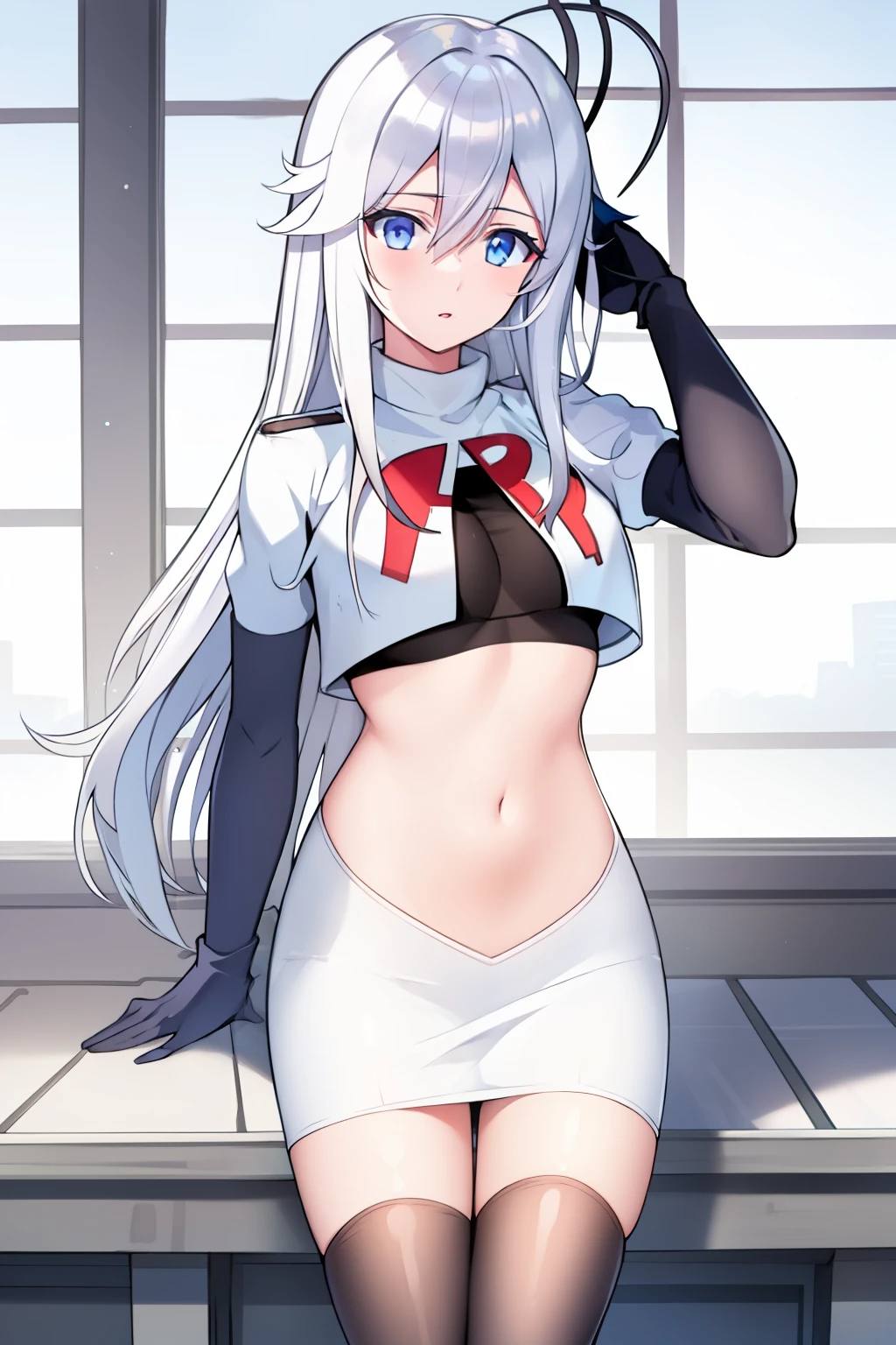 (masterpiece, best quality:1.2), 
1girl,Vladilena,lenaface, blue eyes, breasts, looking at viewer, white hair,medium breasts, antenna hair, hair between eyes,  looking at viewer, ahoge, expressionless, bangs, white hair,
team rocket,team rocket uniform, red letter R, white skirt,white crop top,black thigh-highs,black elbow gloves
