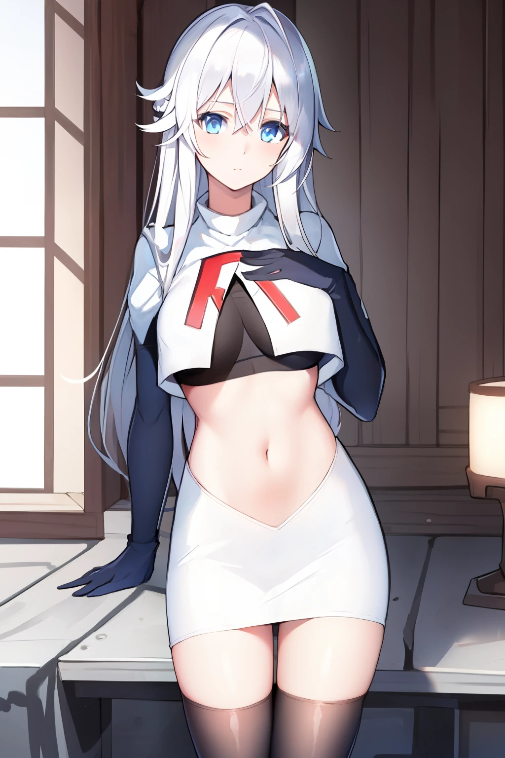 (masterpiece, best quality:1.2), 
1girl,Vladilena,lenaface, blue eyes, breasts, looking at viewer, white hair,medium breasts, antenna hair, hair between eyes,  looking at viewer, ahoge, expressionless, bangs, white hair,
team rocket,team rocket uniform, red letter R, white skirt,white crop top,black thigh-highs,black elbow gloves
